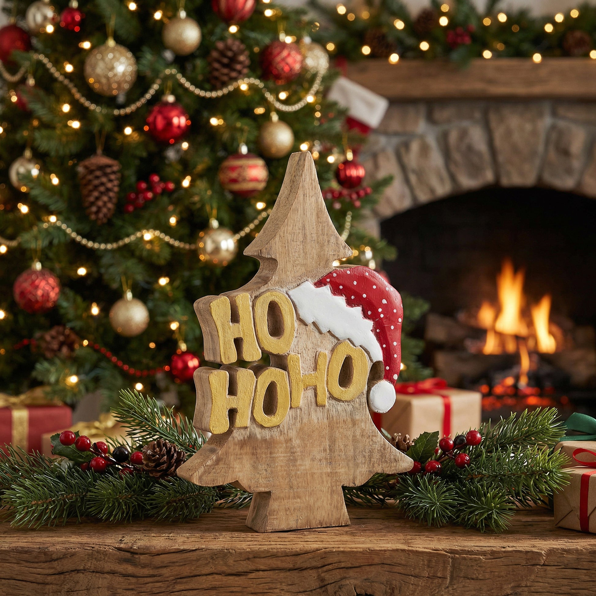 Mango Wood Decor Ho Ho Ho Santa Hat, Christmas, Holiday Decor