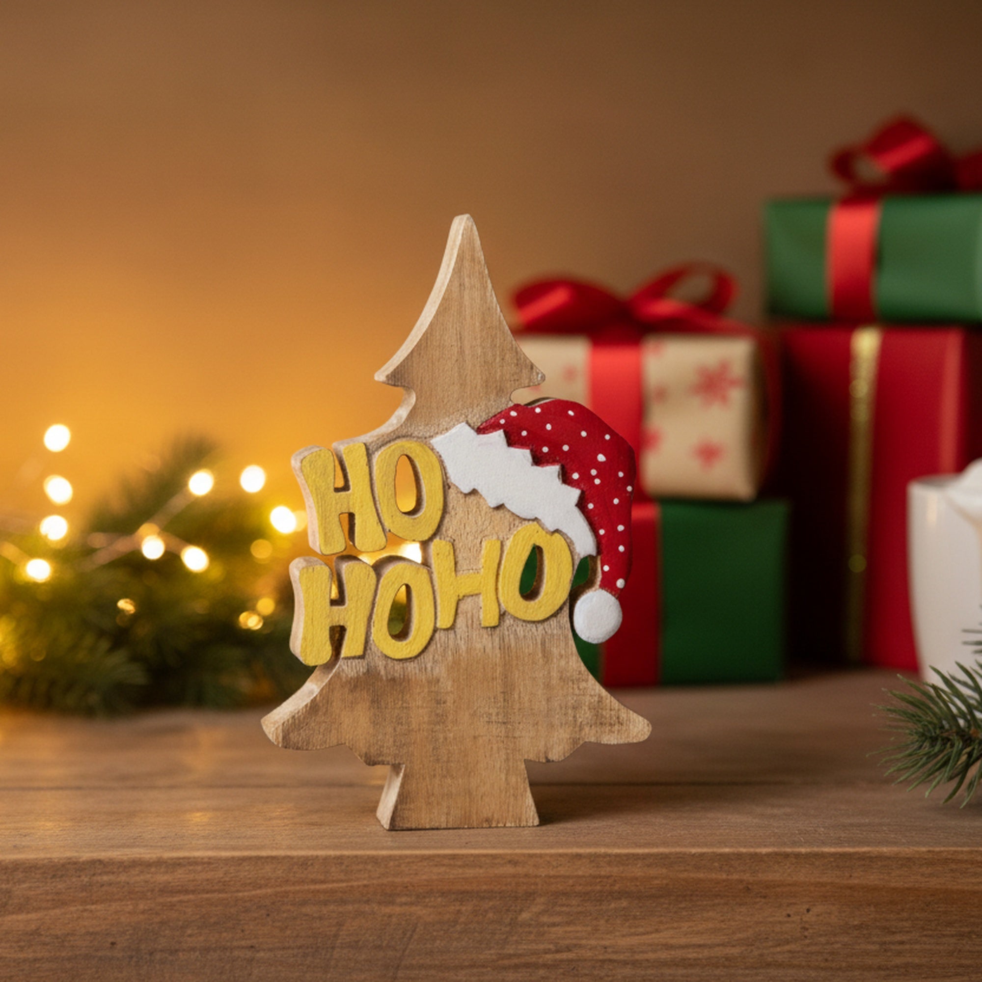 Mango Wood Decor Ho Ho Ho Santa Hat, Christmas, Holiday Decor