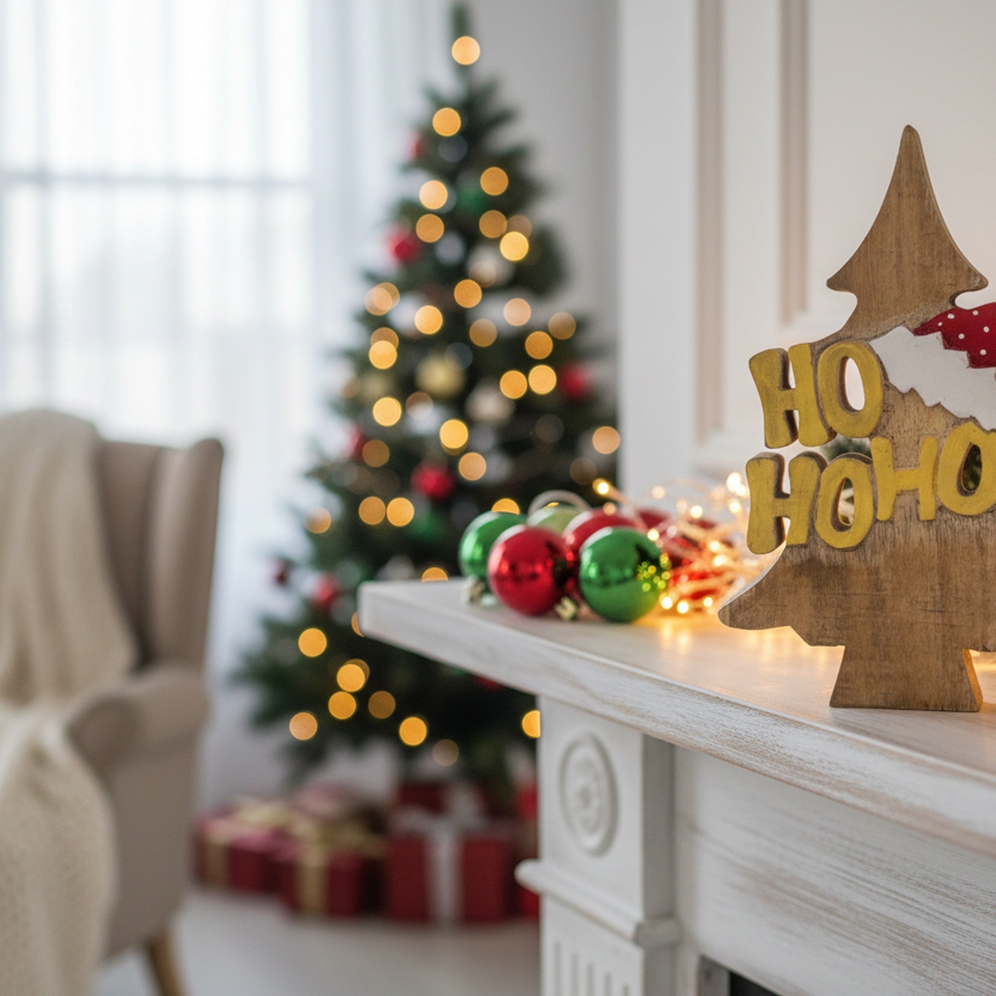 Mango Wood Decor Ho Ho Ho Santa Hat, Christmas, Holiday Decor