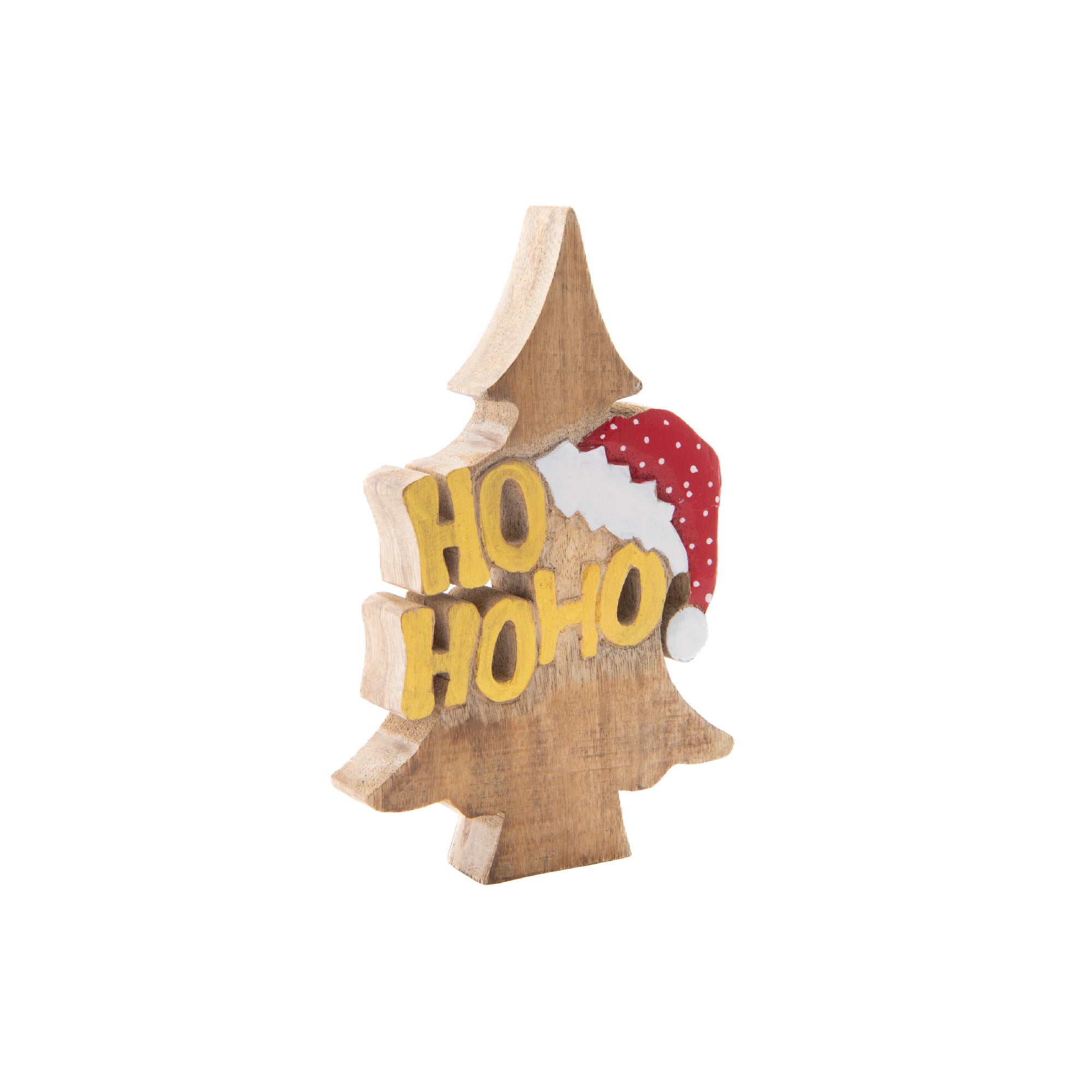 Mango Wood Decor Ho Ho Ho Santa Hat, Christmas, Holiday Decor