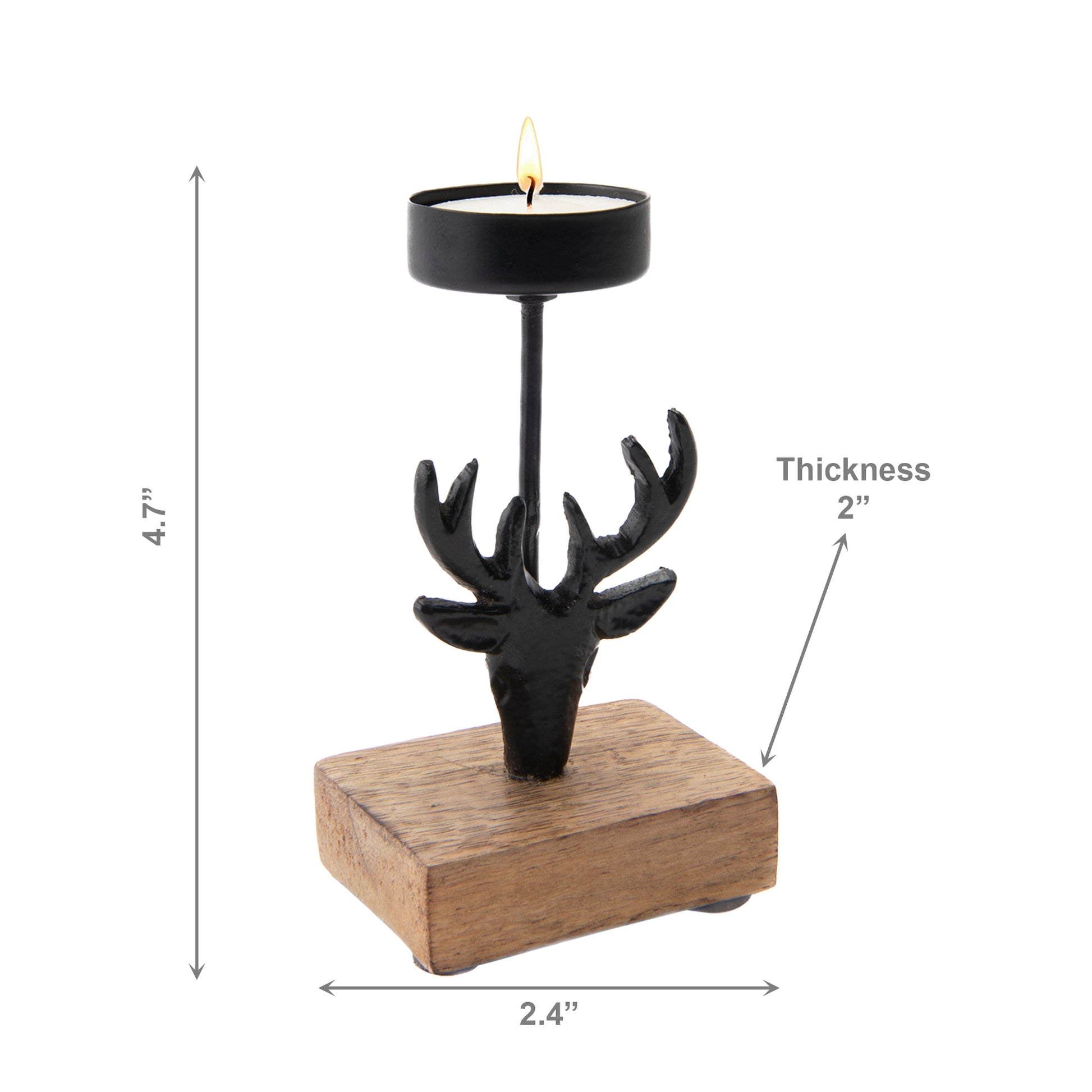 Black Metal Candle Holder with Mango Wood Base Reindeer, Christmas, Candle Holder, Holiday Decor- Set of 2
