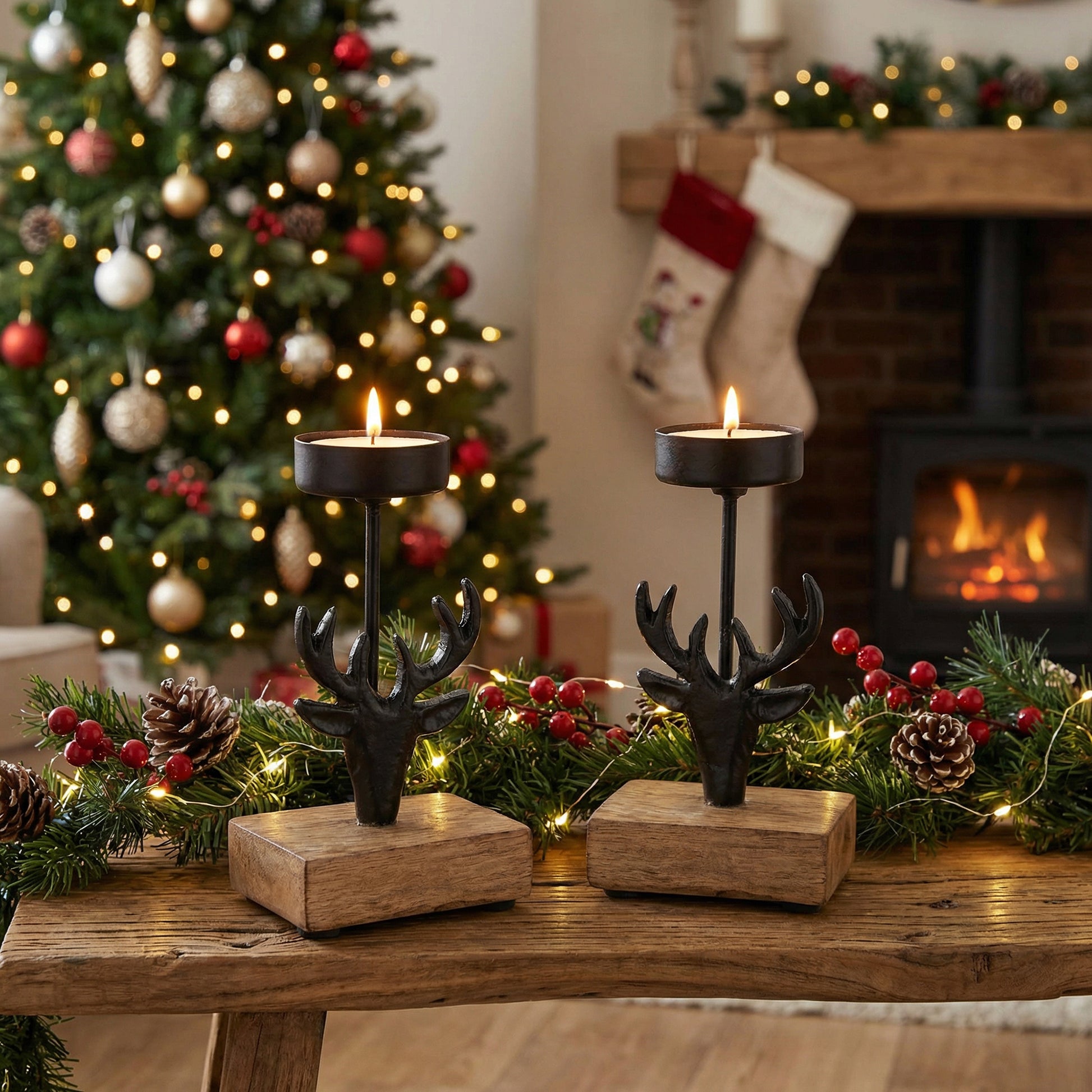 Black Metal Candle Holder with Mango Wood Base Reindeer, Christmas, Candle Holder, Holiday Decor- Set of 2