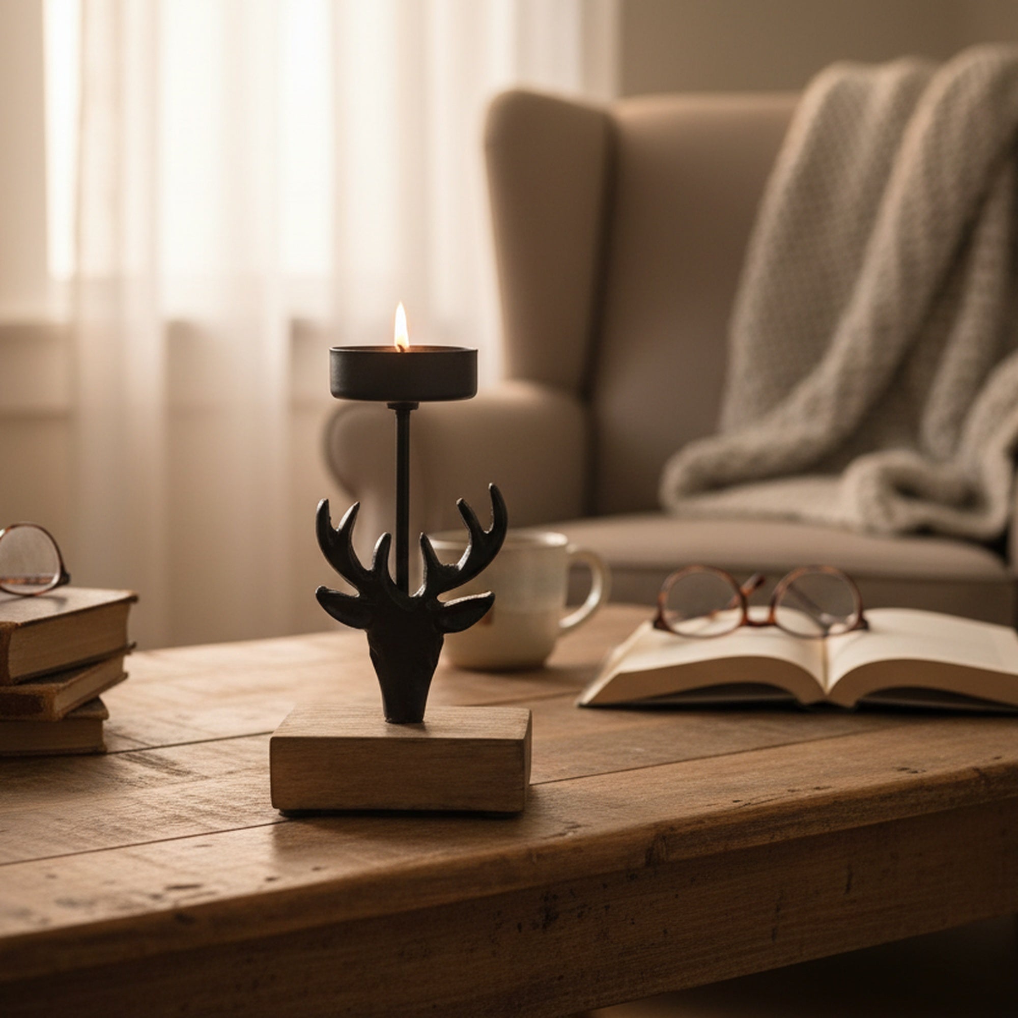 Black Metal Candle Holder with Mango Wood Base Reindeer, Christmas, Candle Holder, Holiday Decor- Set of 2