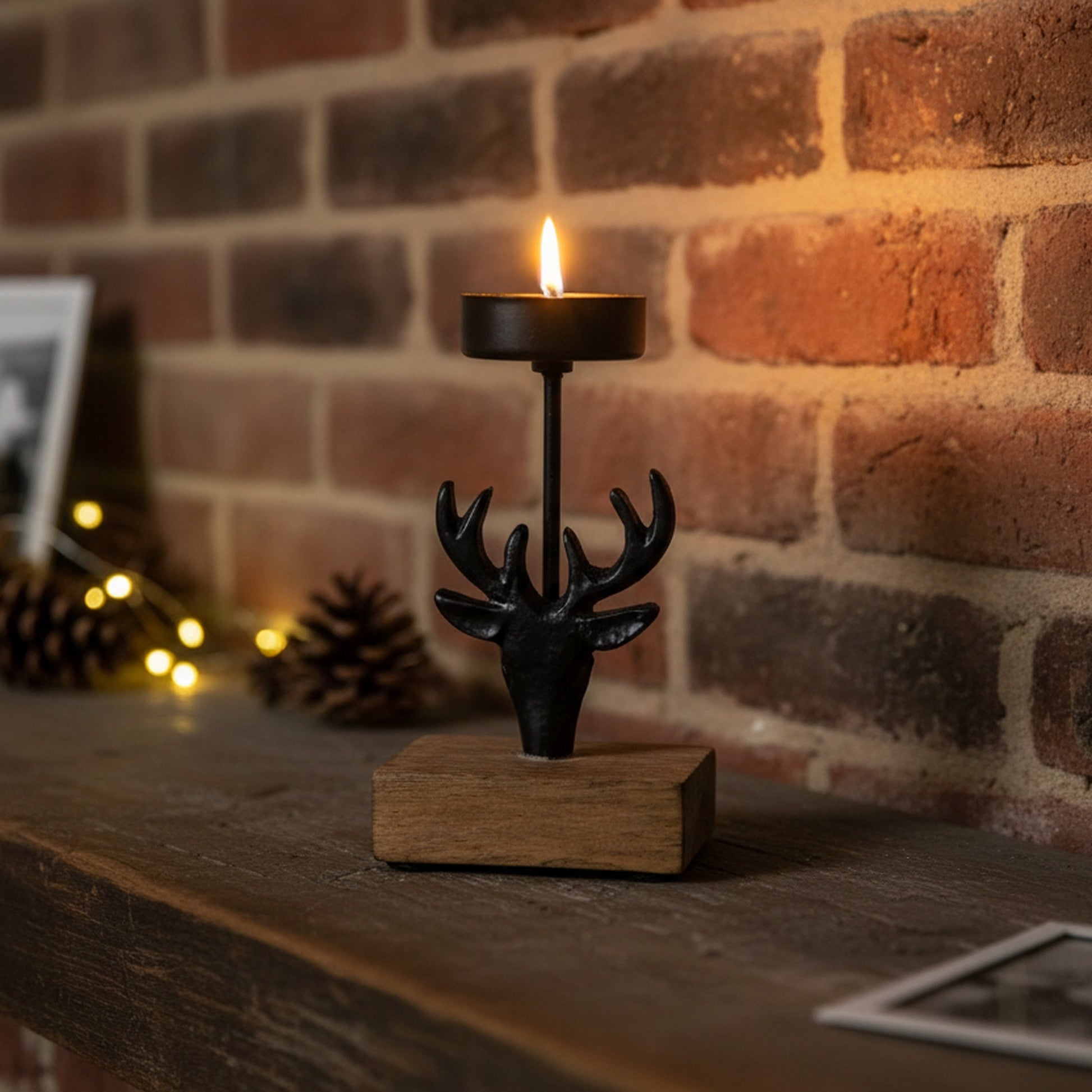 Black Metal Candle Holder with Mango Wood Base Reindeer, Christmas, Candle Holder, Holiday Decor- Set of 2