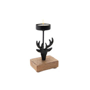 Black Metal Candle Holder with Mango Wood Base Reindeer, Christmas, Candle Holder, Holiday Decor- Set of 2