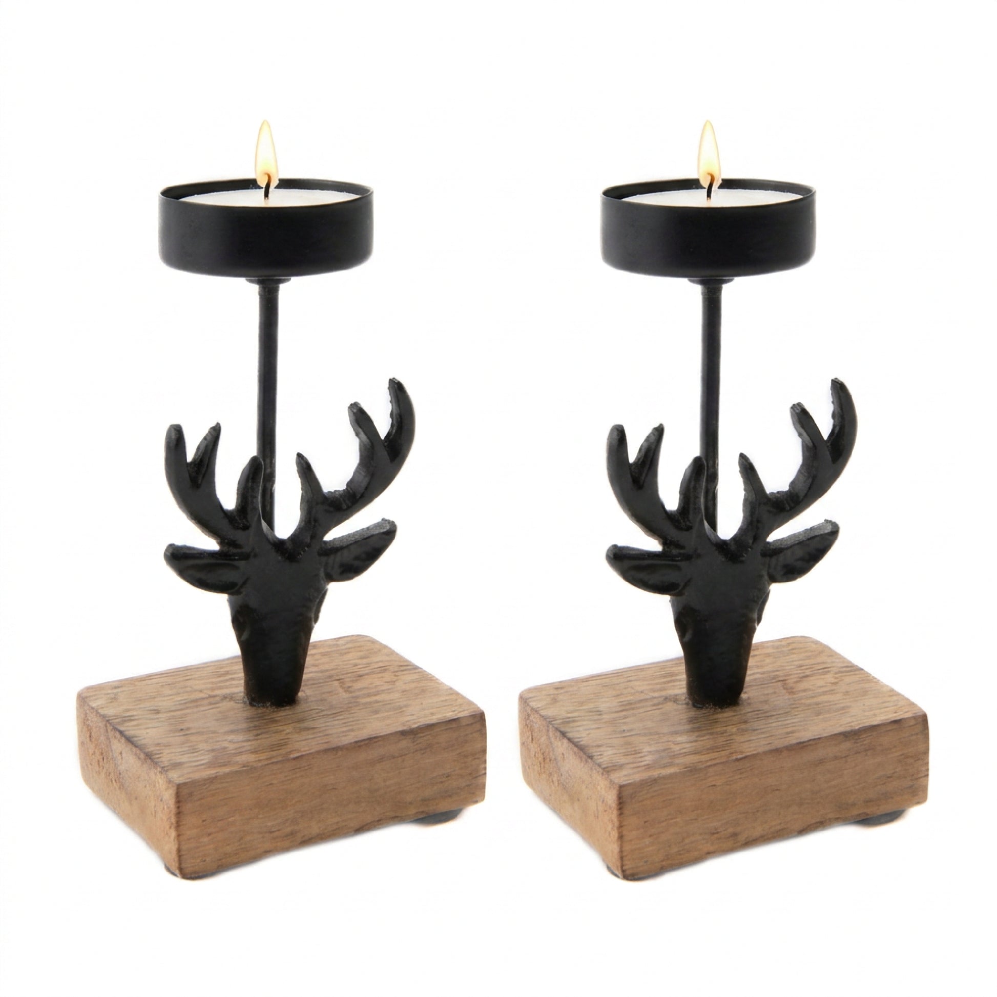 Black Metal Candle Holder with Mango Wood Base Reindeer, Christmas, Candle Holder, Holiday Decor- Set of 2