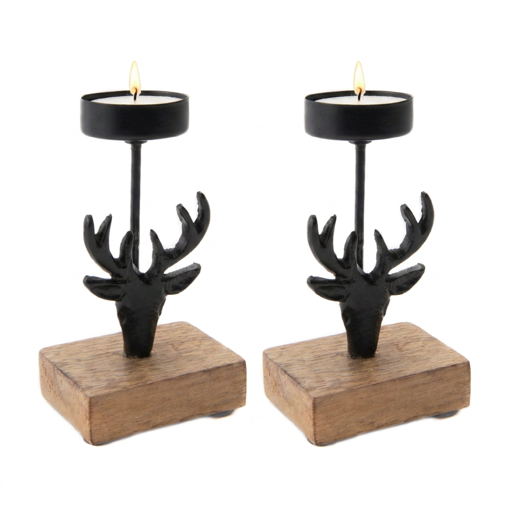 Black Metal Candle Holder with Mango Wood Base Reindeer, Christmas, Candle Holder, Holiday Decor- Set of 2