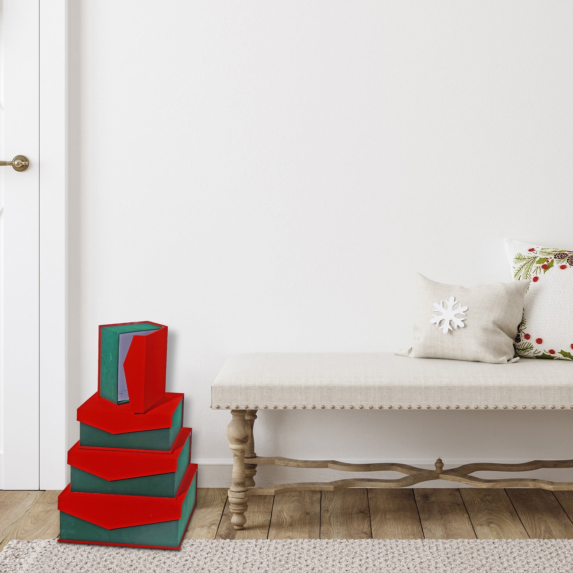 Rectangular Flip Lid Nesting Boxes Set of 4 Gift Bow – Christmas Storage Decor, Holiday Organization, Festive Tabletop Accent