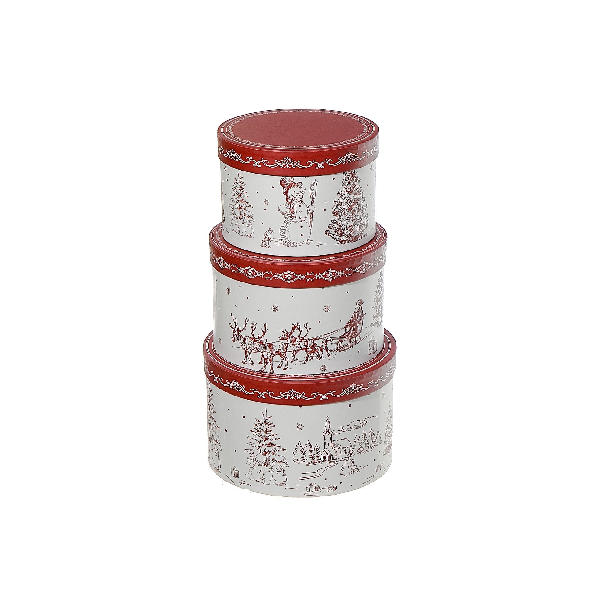 Round Nesting Boxes Set of 3 Winter Scene – Christmas Storage Decor, Holiday Organization, Festive Tabletop Accent