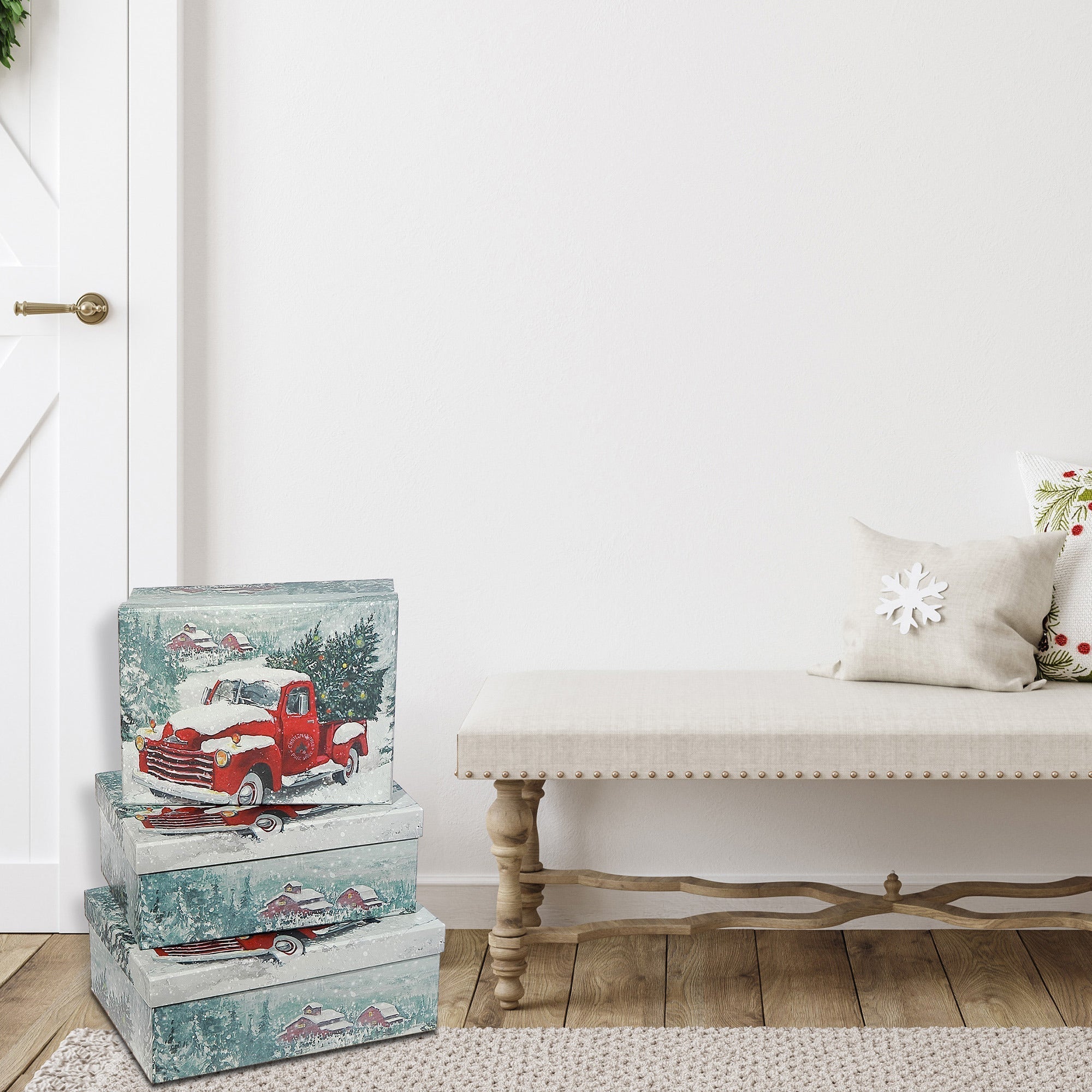 Rectangular Nesting Boxes Set of 3 Red Truck – Christmas Storage Decor, Holiday Organization, Festive Tabletop Accent