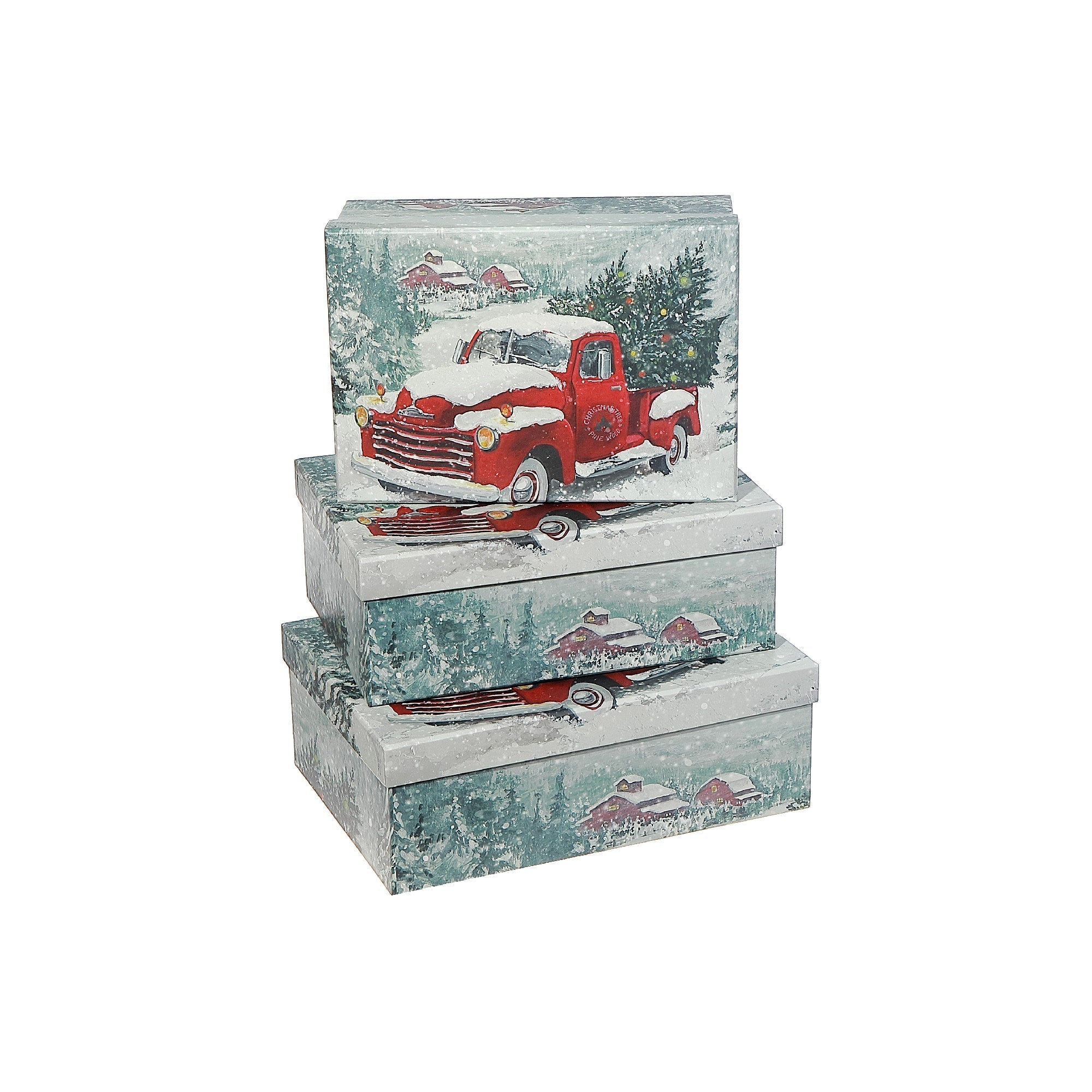 Rectangular Nesting Boxes Set of 3 Red Truck – Christmas Storage Decor, Holiday Organization, Festive Tabletop Accent