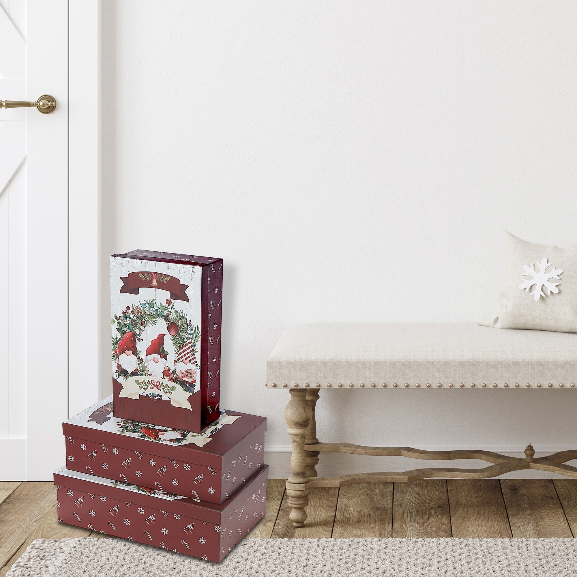Rectangular Nesting Boxes Set of 3 Triple Gnome – Christmas Storage Decor, Holiday Organization, Festive Tabletop Accent