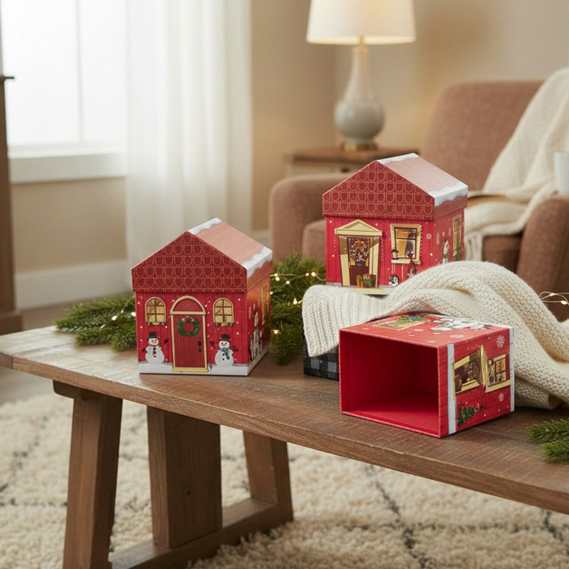 Set of 3 House Shape Nesting Boxes Snowman, Christmas, Holiday Decor