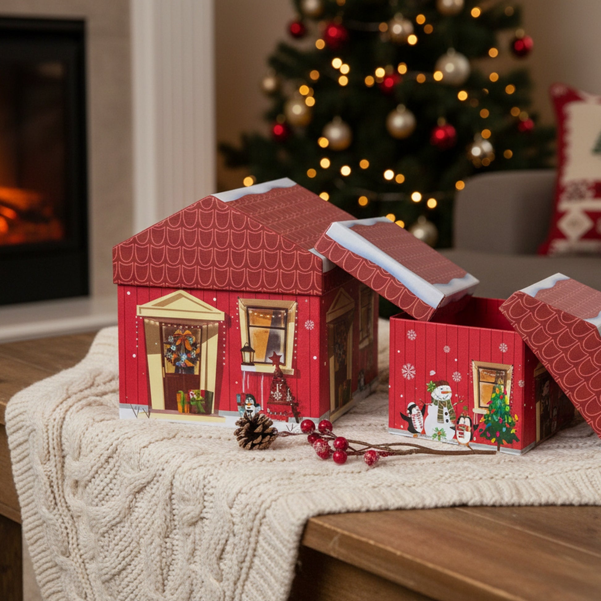 Set of 3 House Shape Nesting Boxes Snowman, Christmas, Holiday Decor
