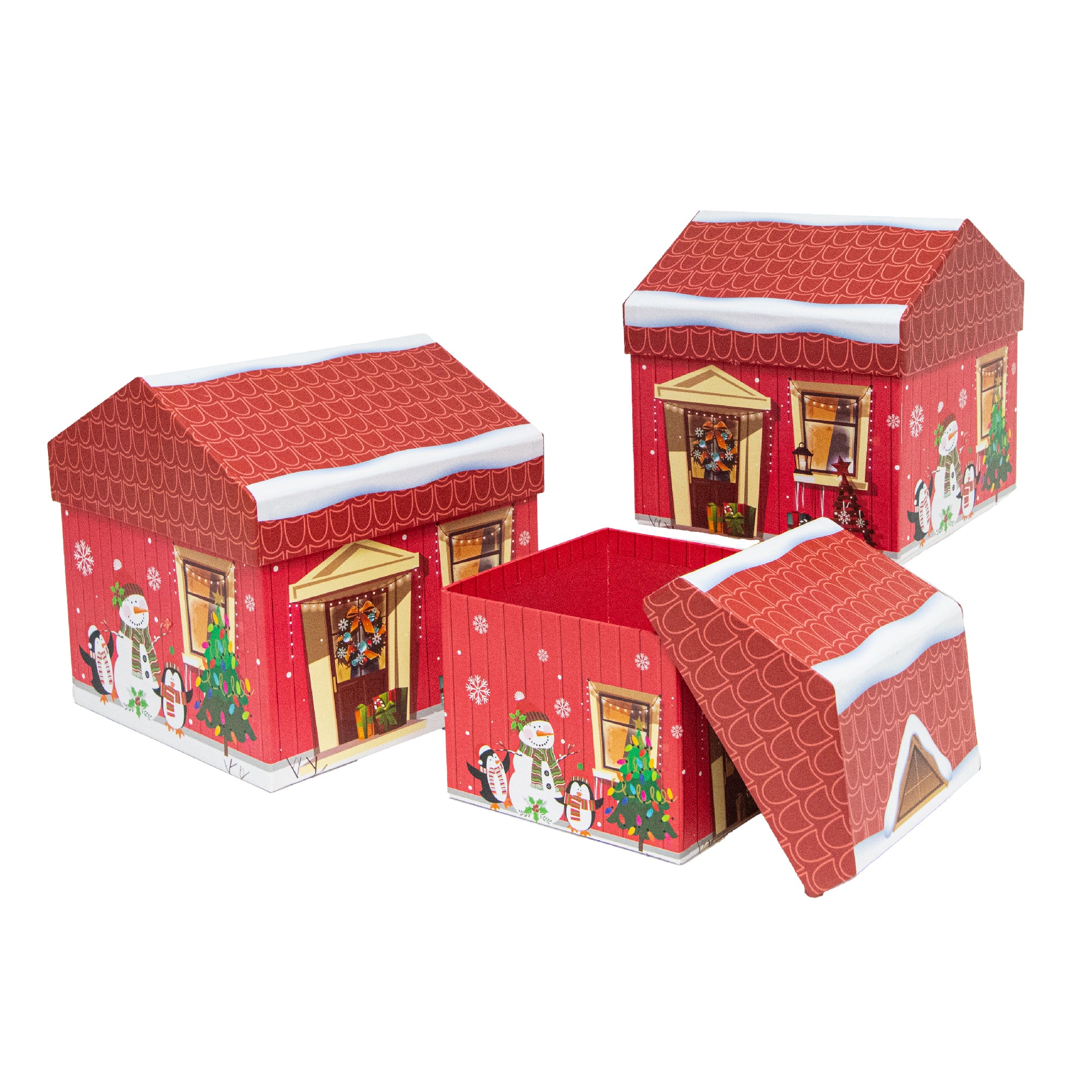 Set of 3 House Shape Nesting Boxes Snowman, Christmas, Holiday Decor