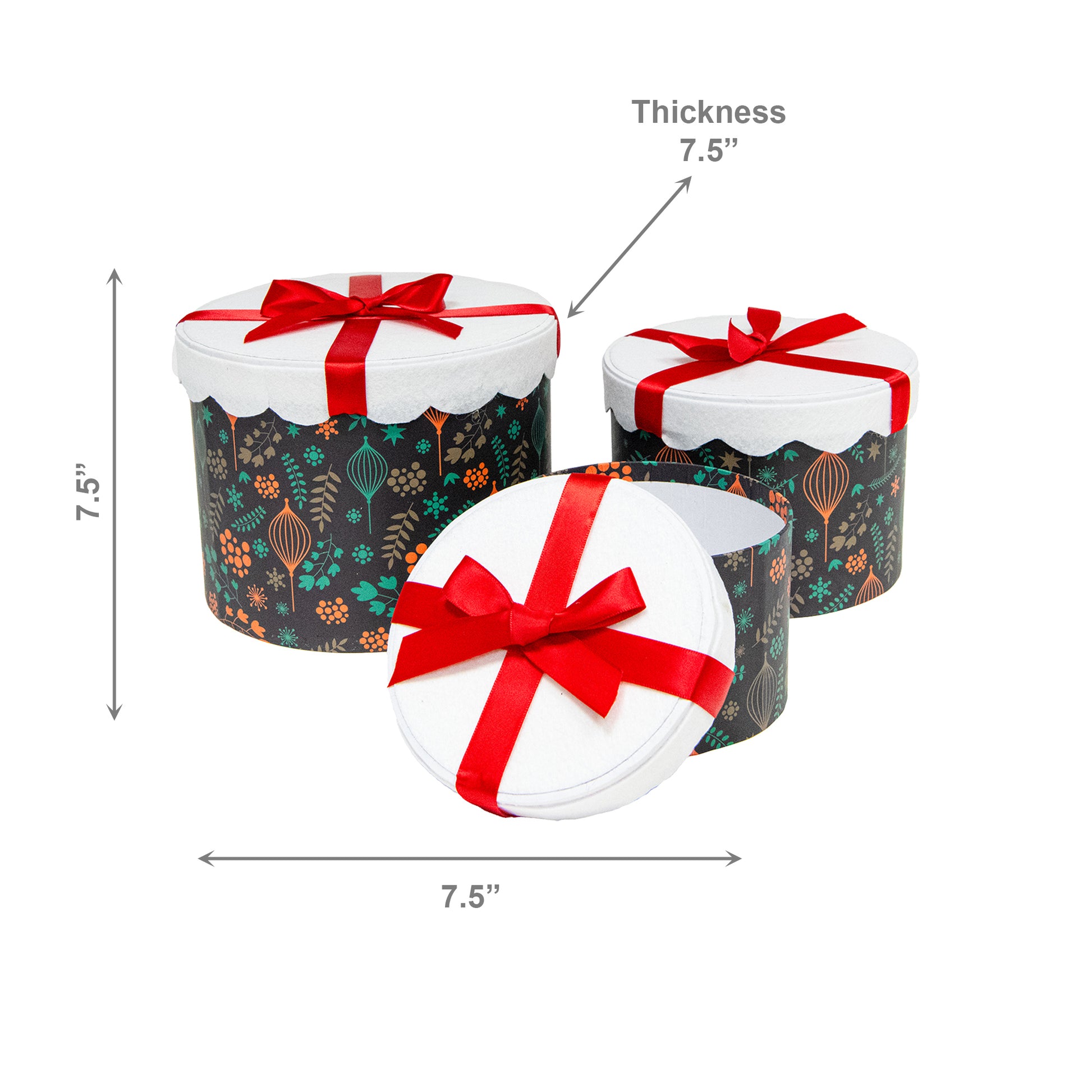 Set of 3 Round Nesting Boxes Red Bow, Floral Pick, Holiday Decor