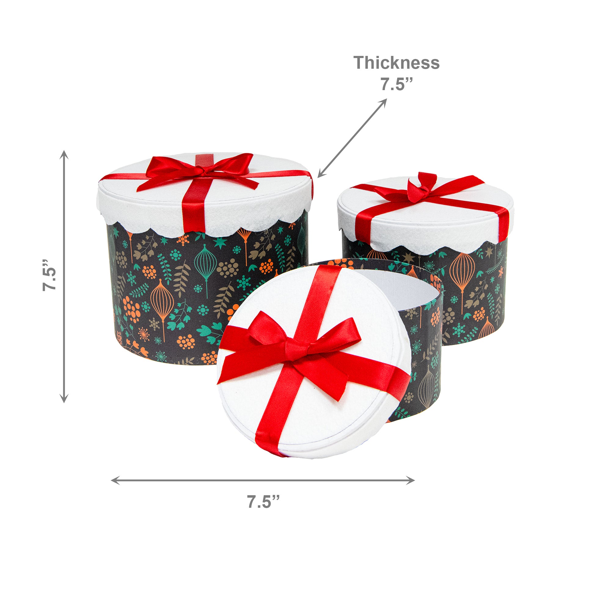 Set of 3 Round Nesting Boxes Red Bow, Floral Pick, Holiday Decor