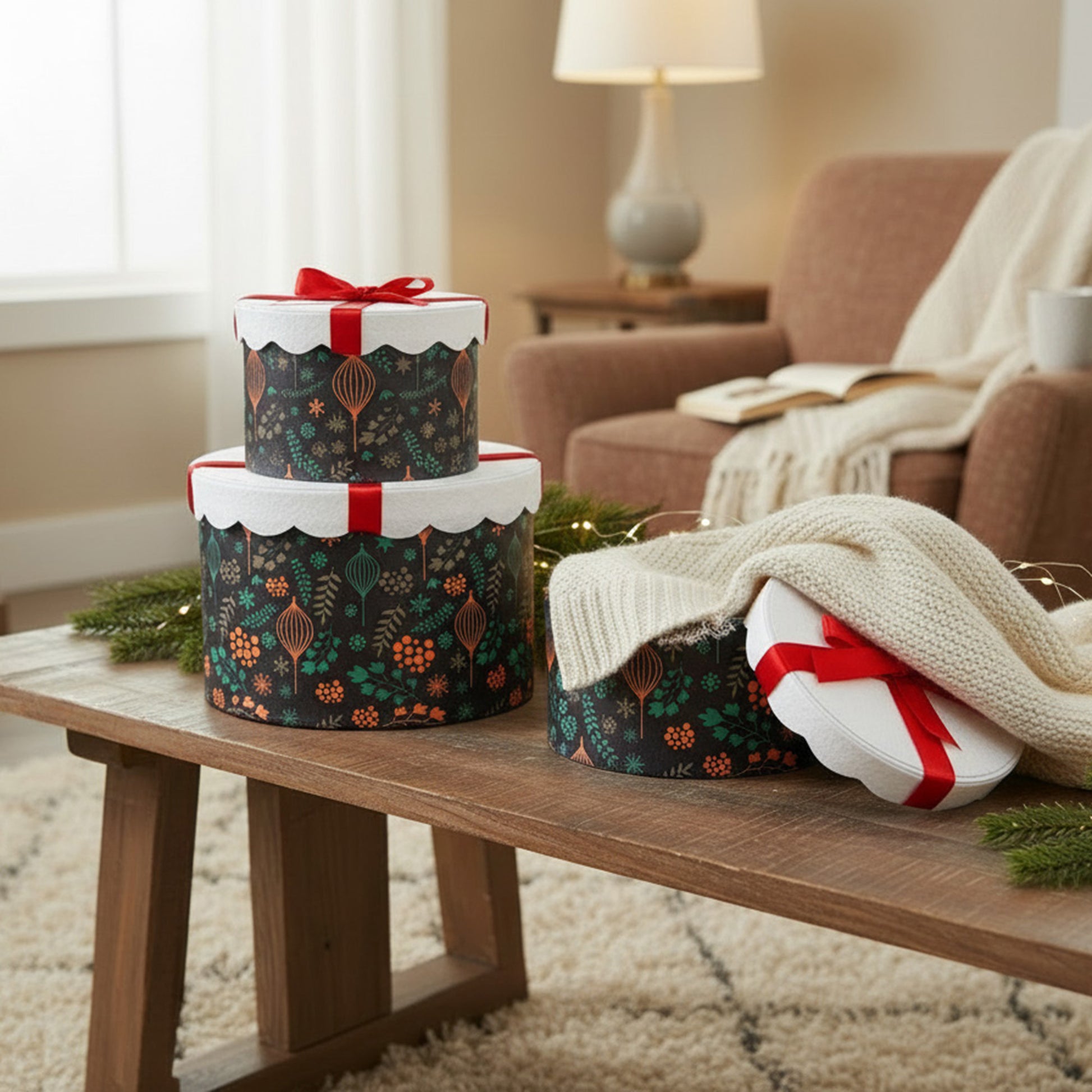 Set of 3 Round Nesting Boxes Red Bow, Floral Pick, Holiday Decor