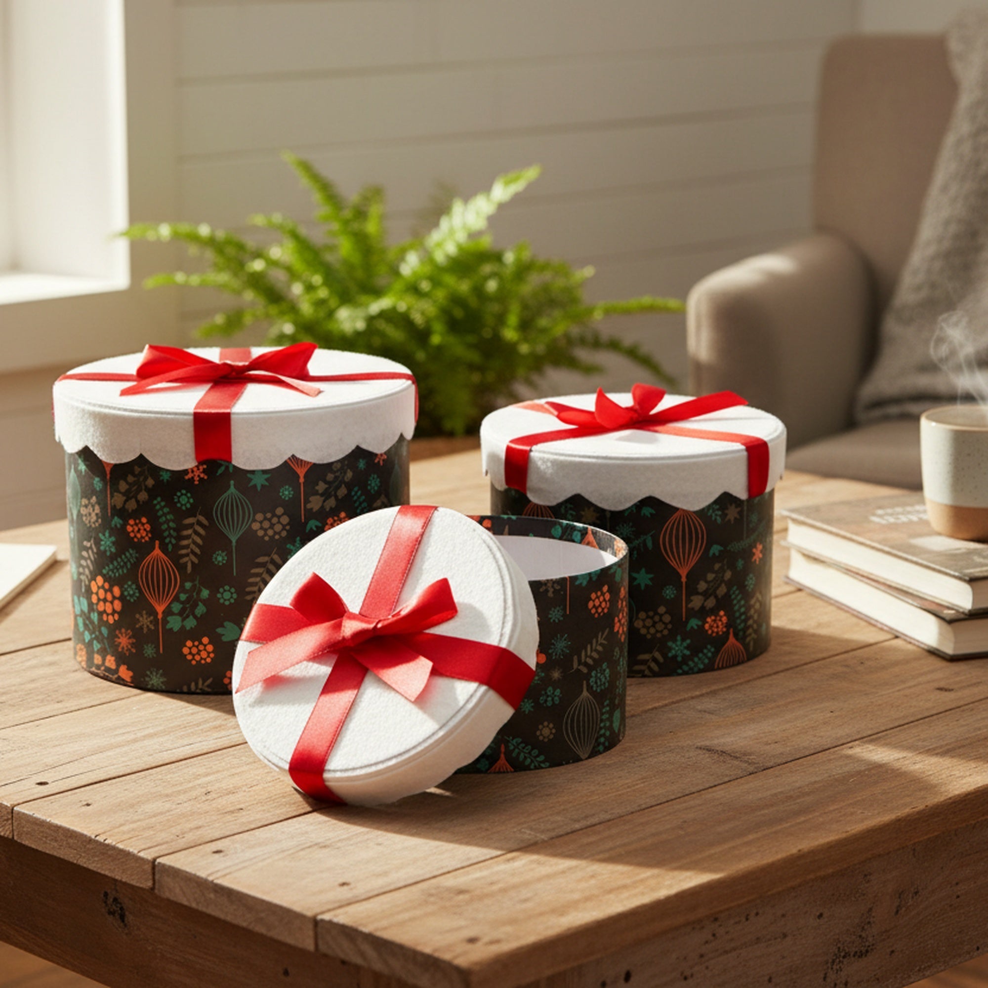 Set of 3 Round Nesting Boxes Red Bow, Floral Pick, Holiday Decor