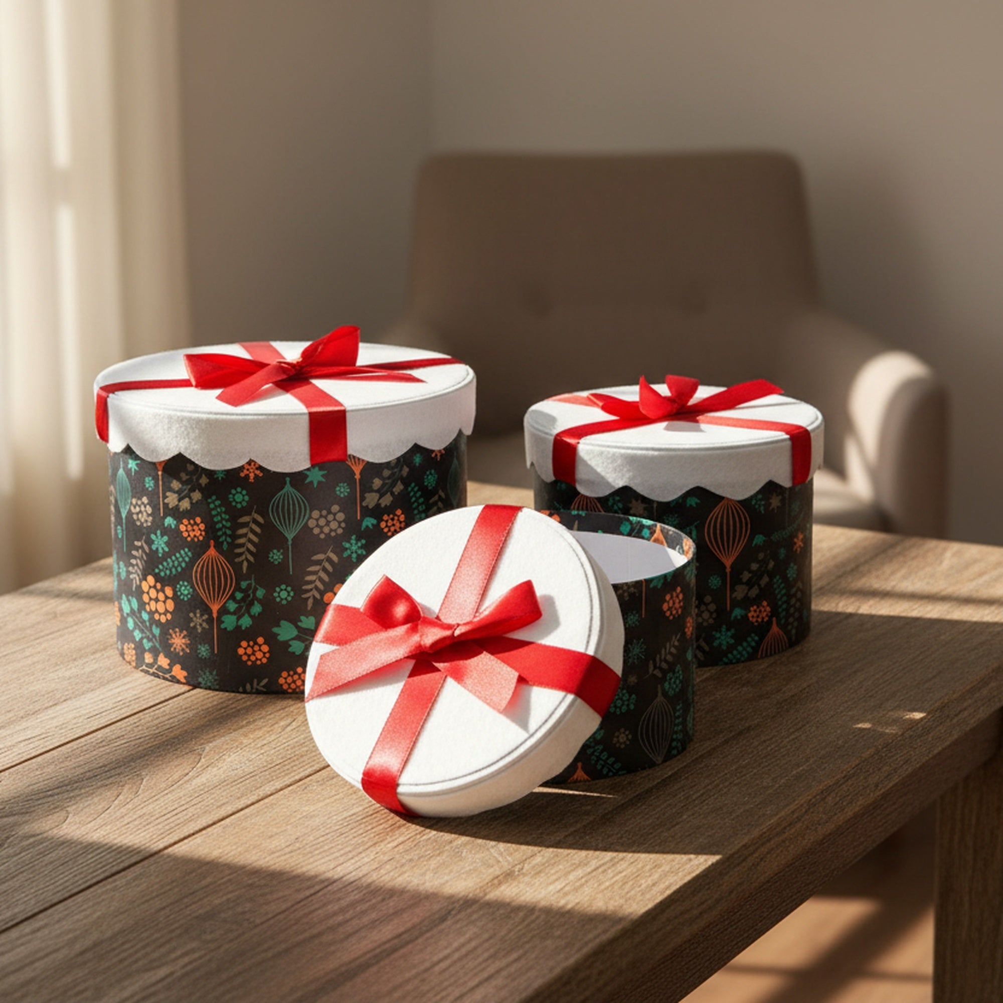 Set of 3 Round Nesting Boxes Red Bow, Floral Pick, Holiday Decor