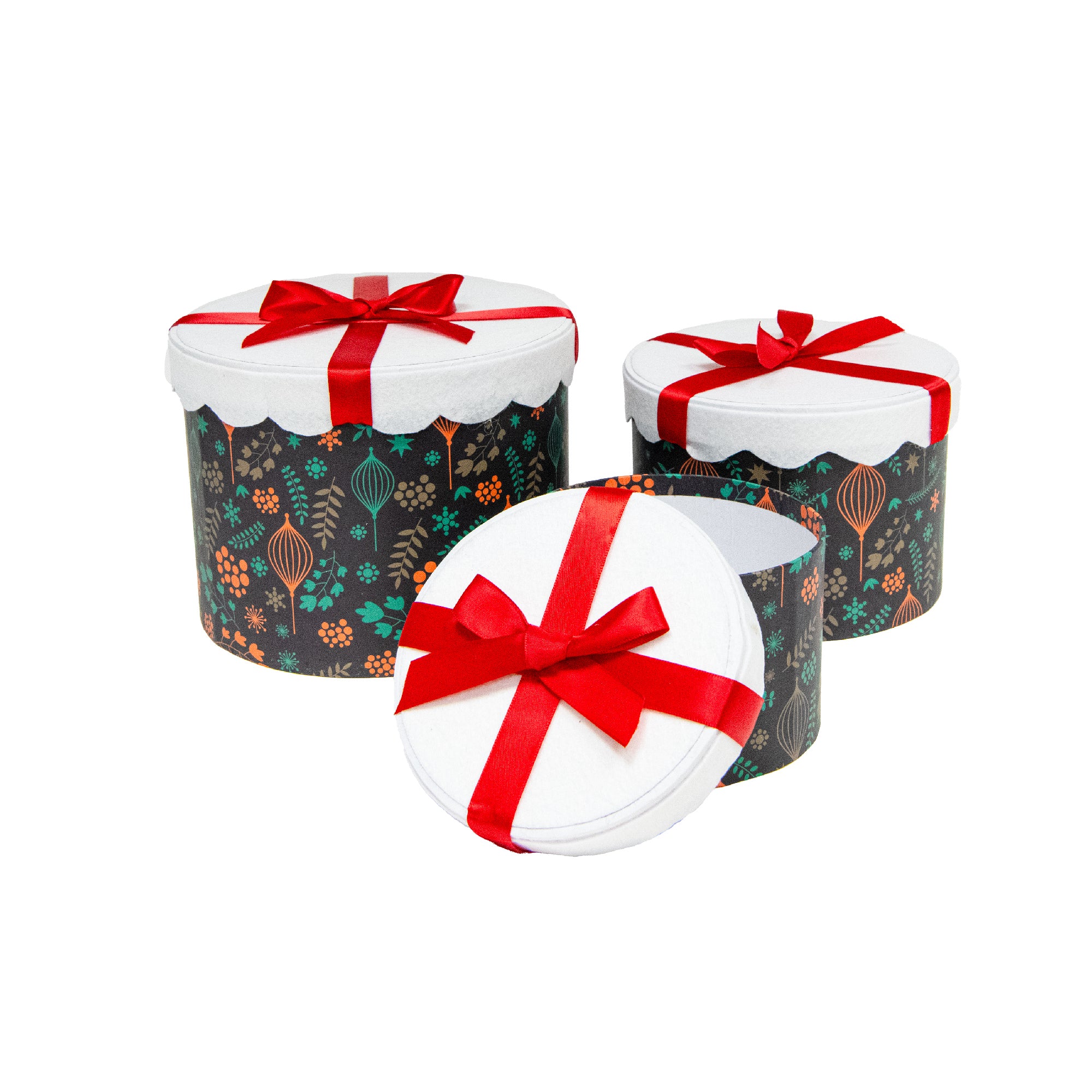 Set of 3 Round Nesting Boxes Red Bow, Floral Pick, Holiday Decor