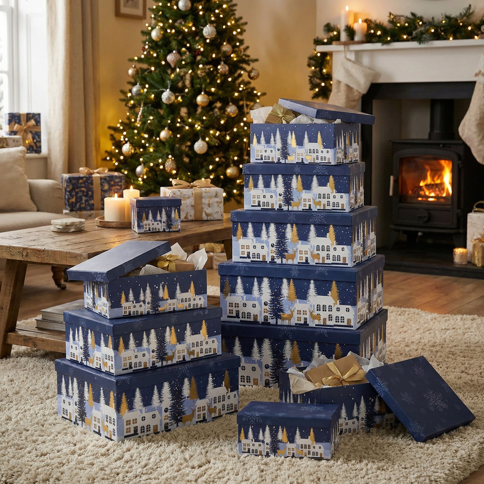 Set of 10 Rectangular Nesting Boxes Winter Village with Foil, Winter, Village Decor, Holiday Decor