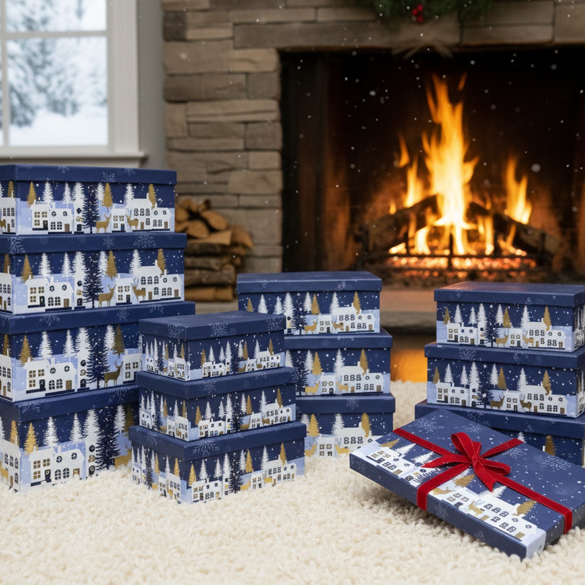 Set of 10 Rectangular Nesting Boxes Winter Village with Foil, Winter, Village Decor, Holiday Decor