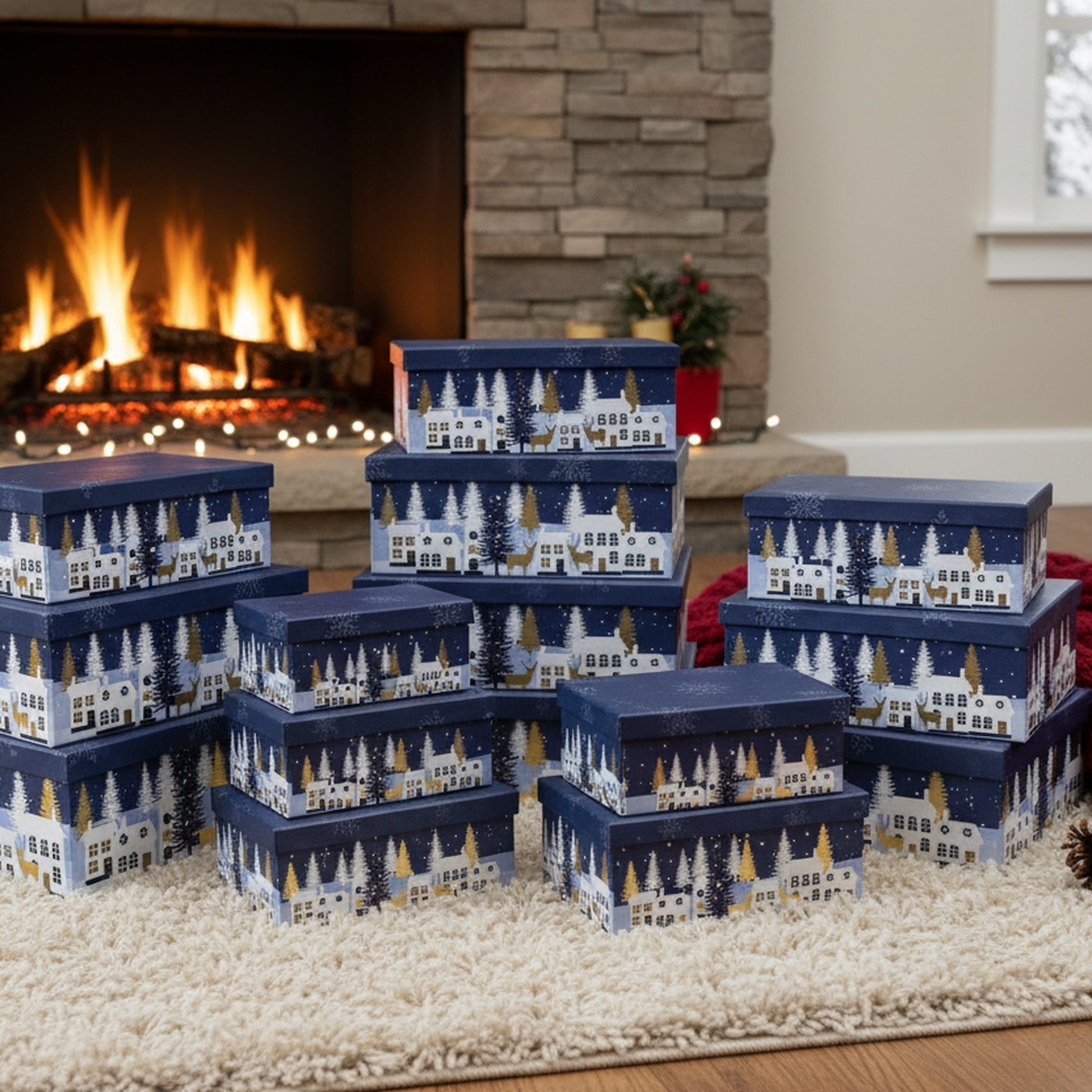 Set of 10 Rectangular Nesting Boxes Winter Village with Foil, Winter, Village Decor, Holiday Decor