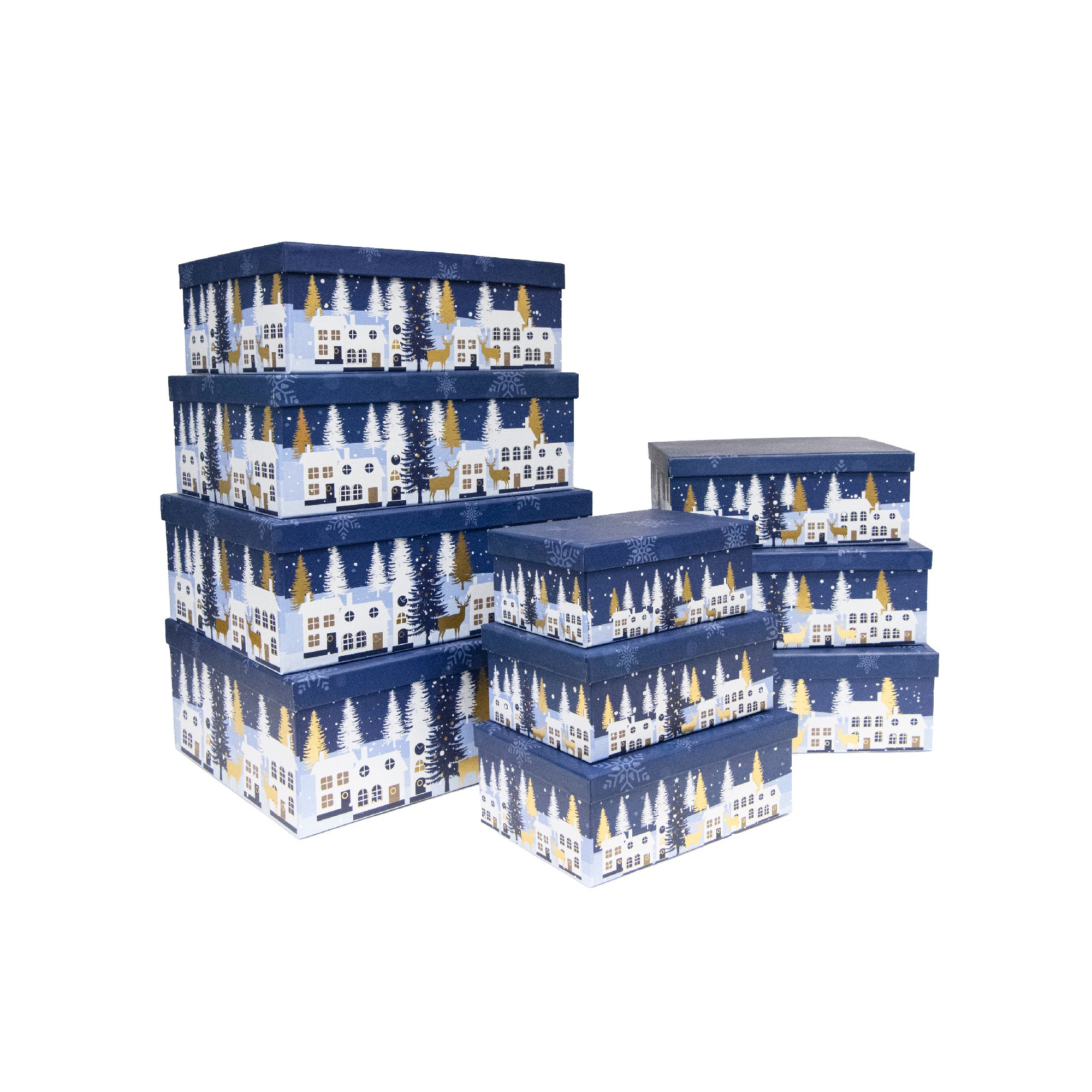 Set of 10 Rectangular Nesting Boxes Winter Village with Foil, Winter, Village Decor, Holiday Decor