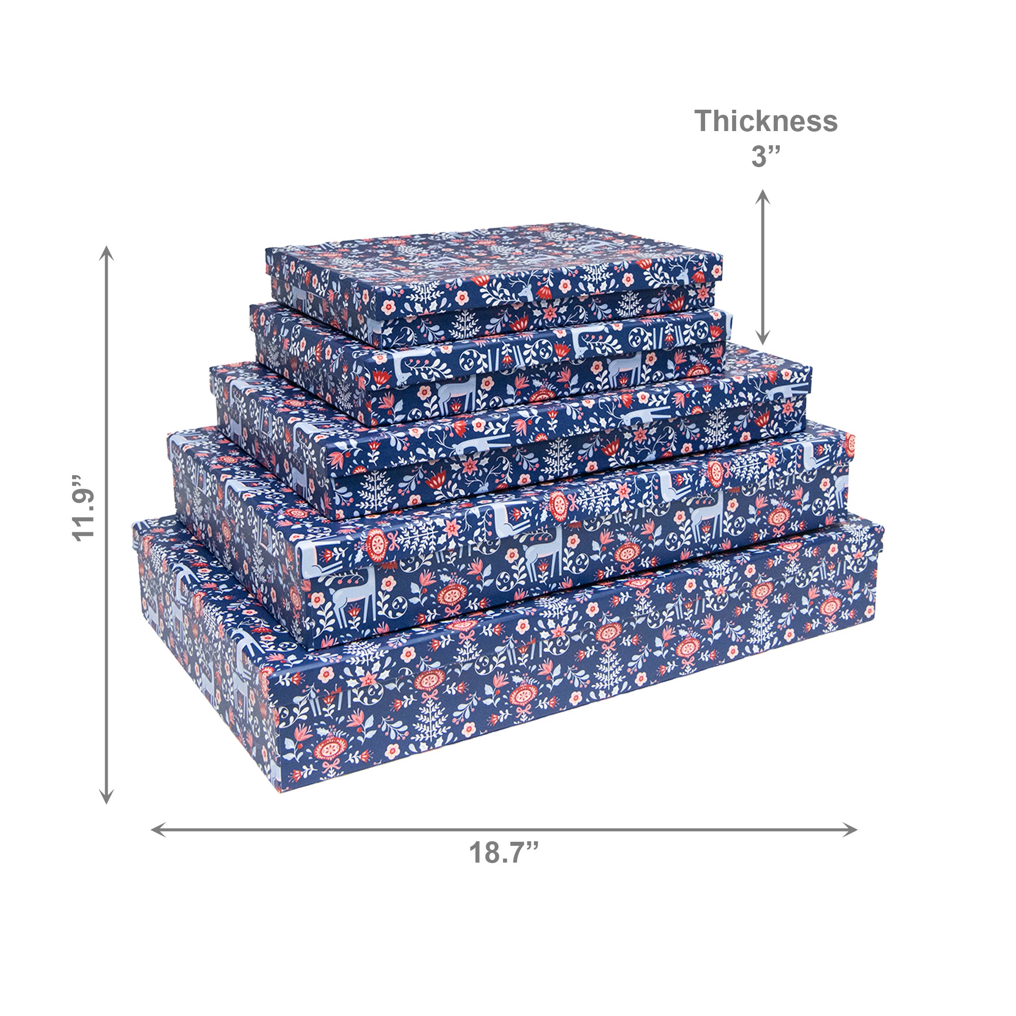 Set of 5 Rectangular Nesting Flat Shirt Boxes Reindeer Floral, Christmas, Holiday Decor