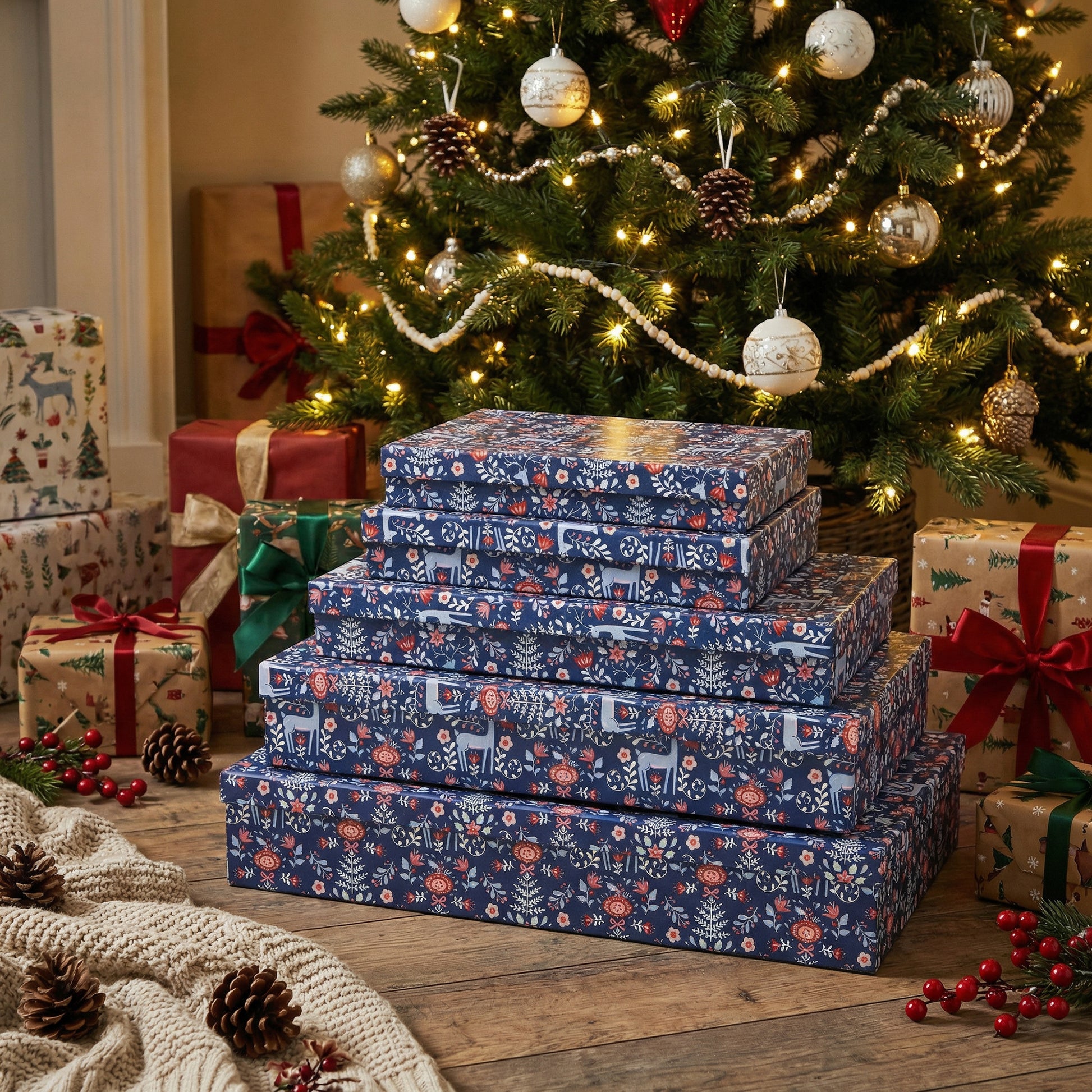 Set of 5 Rectangular Nesting Flat Shirt Boxes Reindeer Floral, Christmas, Holiday Decor