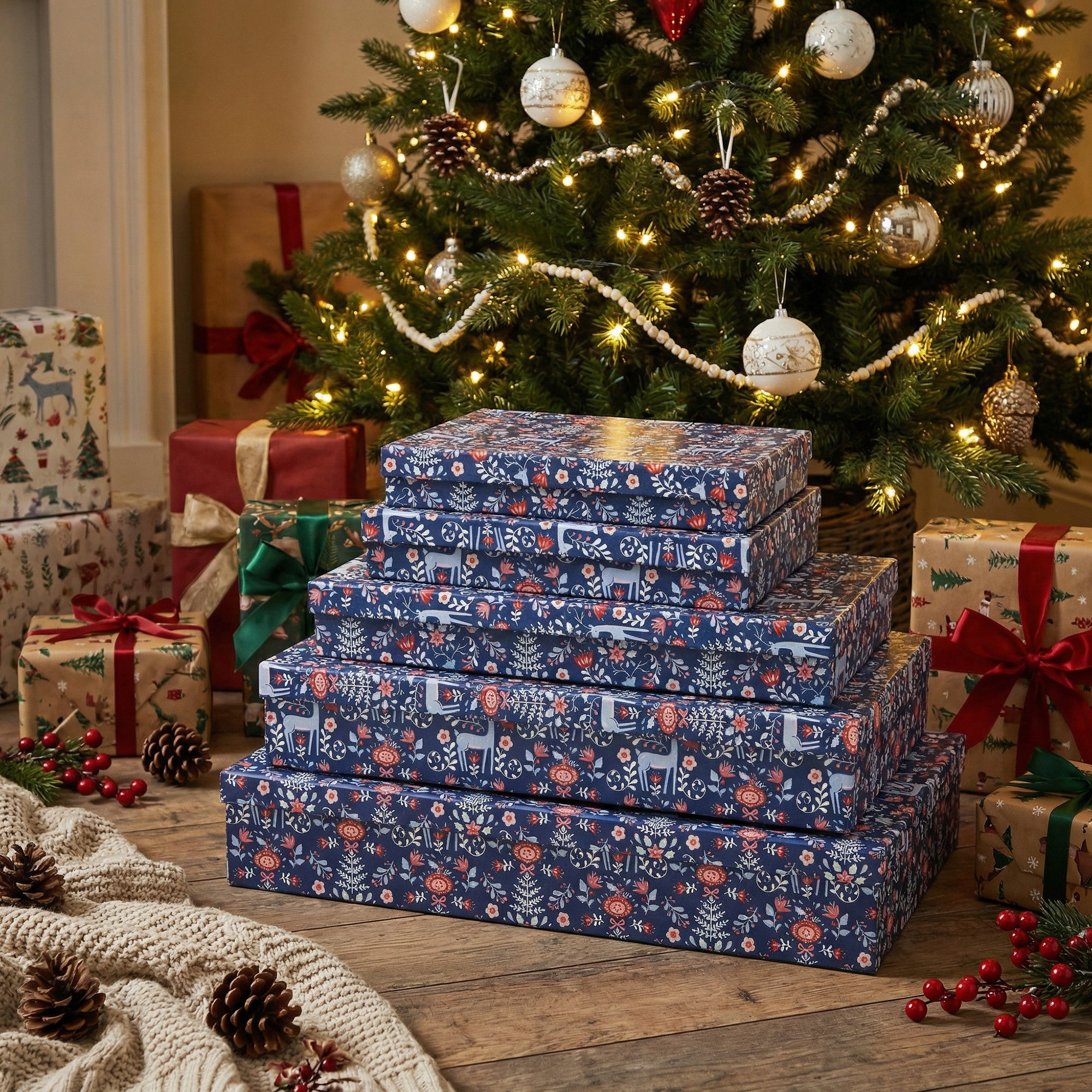 Set of 5 Rectangular Nesting Flat Shirt Boxes Reindeer Floral, Christmas, Holiday Decor