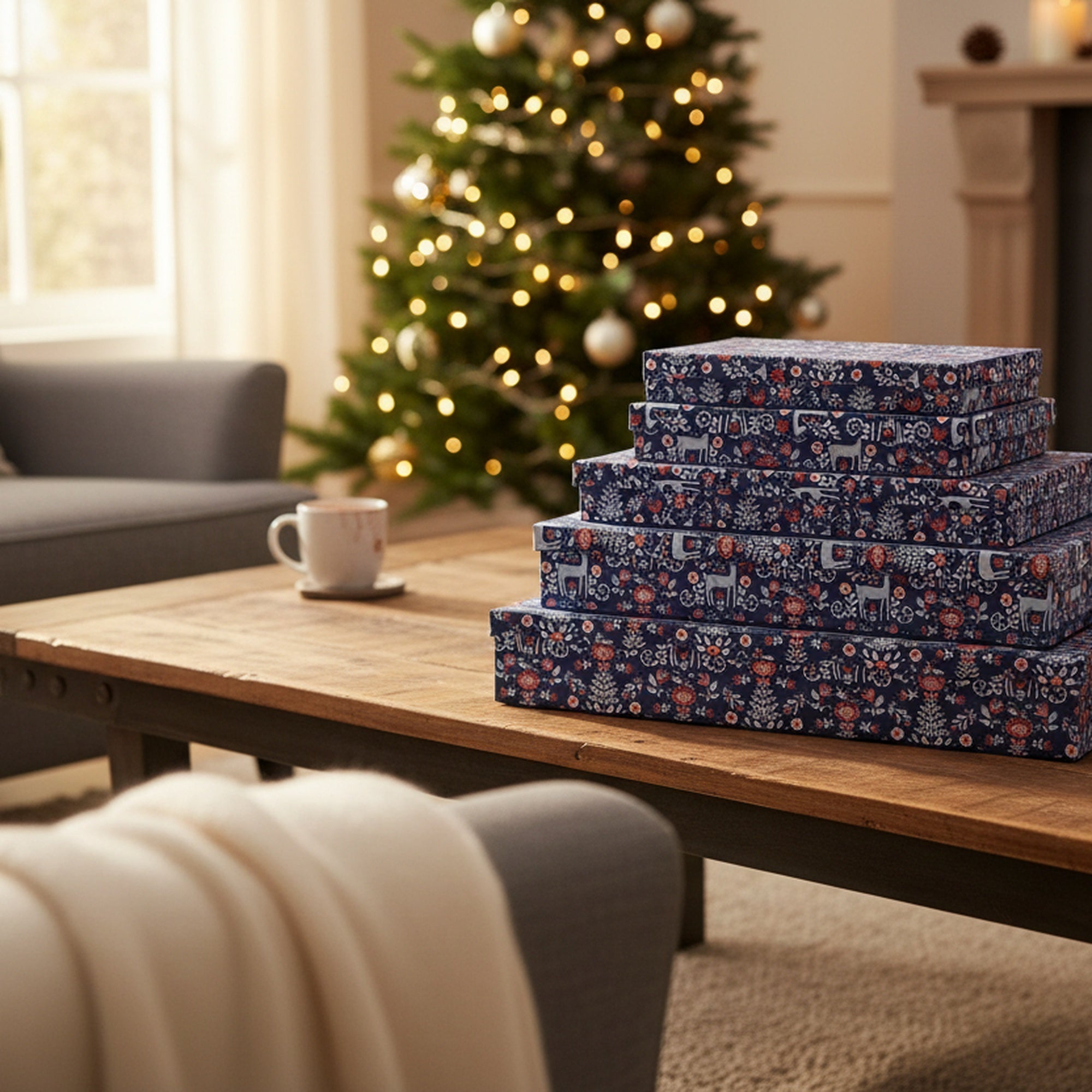 Set of 5 Rectangular Nesting Flat Shirt Boxes Reindeer Floral, Christmas, Holiday Decor
