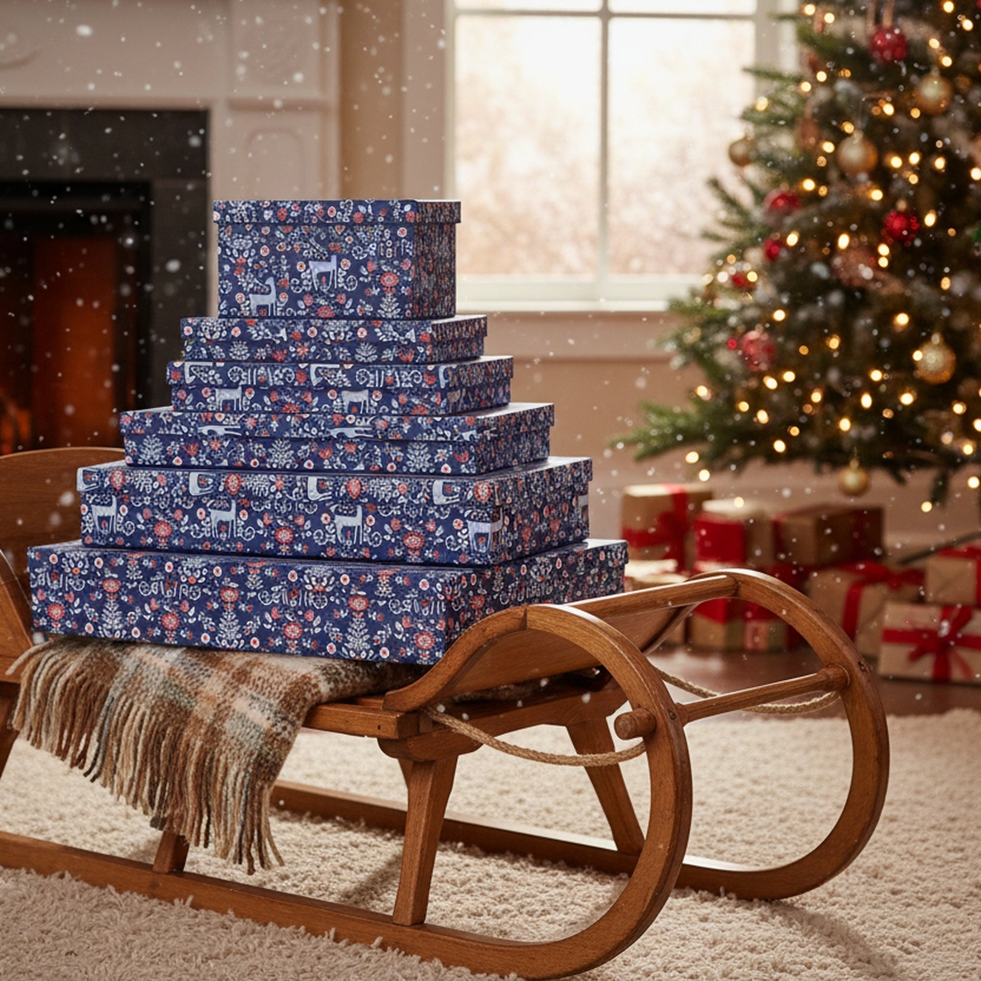 Set of 5 Rectangular Nesting Flat Shirt Boxes Reindeer Floral, Christmas, Holiday Decor