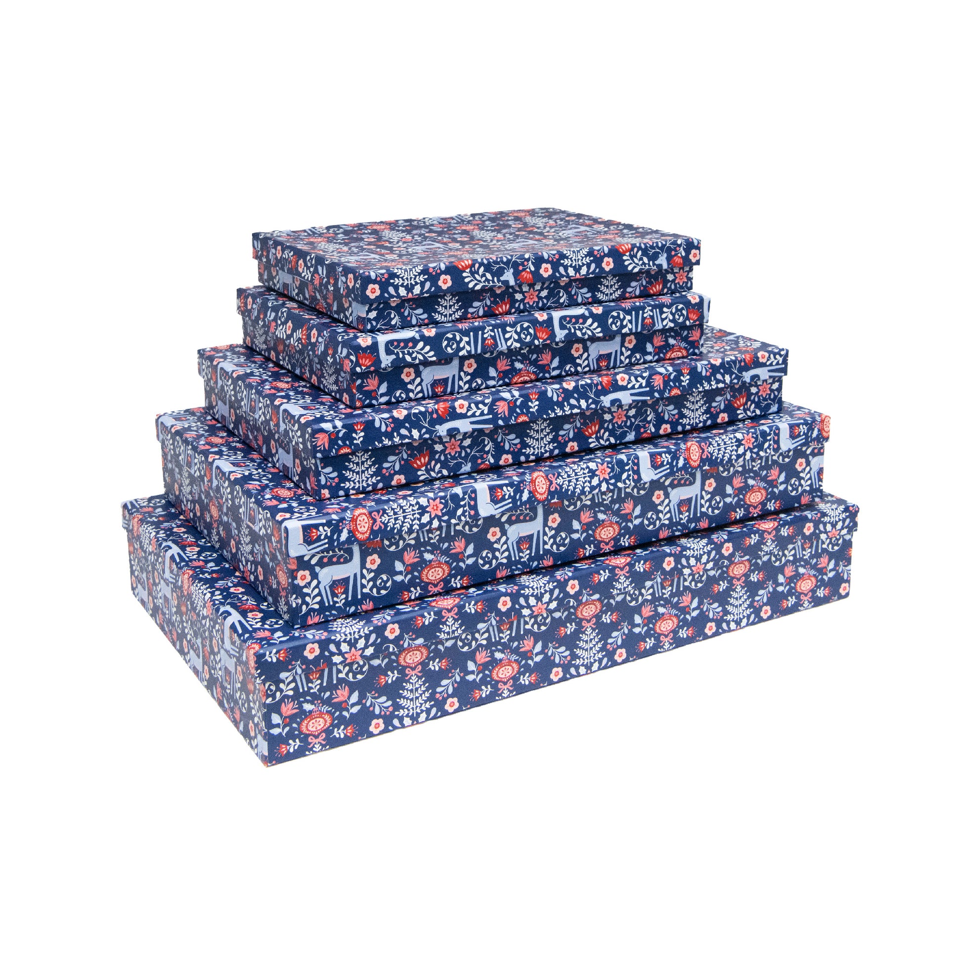 Set of 5 Rectangular Nesting Flat Shirt Boxes Reindeer Floral, Christmas, Holiday Decor