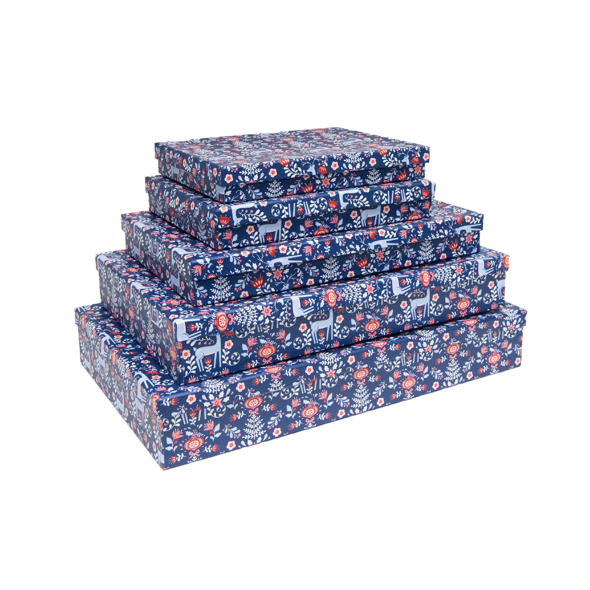 Set of 5 Rectangular Nesting Flat Shirt Boxes Reindeer Floral, Christmas, Holiday Decor
