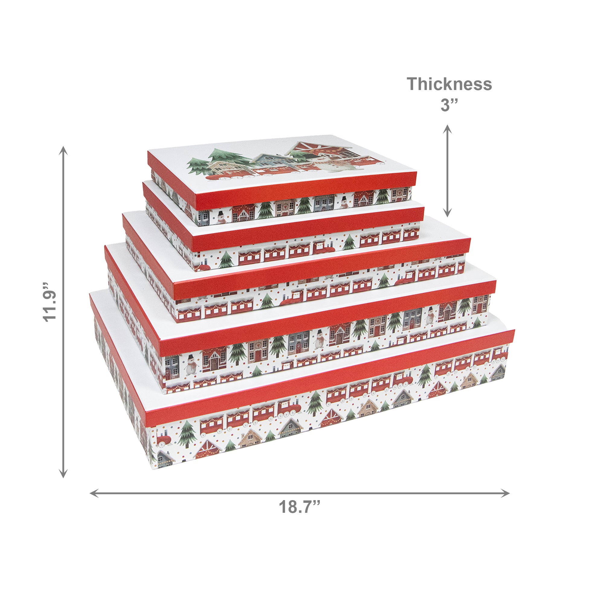 Set of 5 Rectangular Nesting Flat Shirt Boxes Snowman Train, Christmas, Holiday Decor