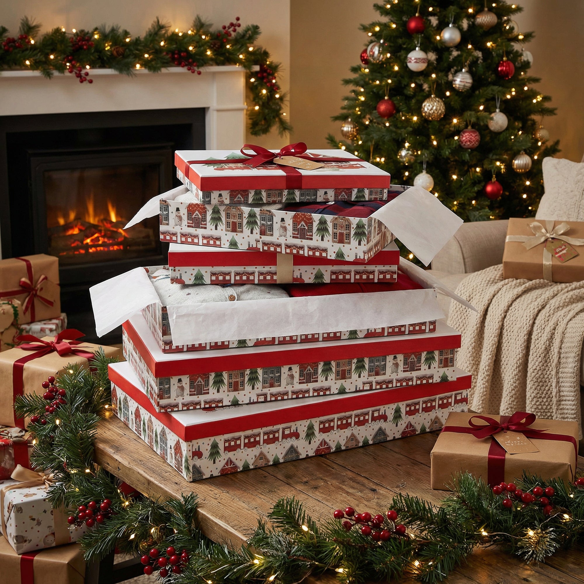 Set of 5 Rectangular Nesting Flat Shirt Boxes Snowman Train, Christmas, Holiday Decor