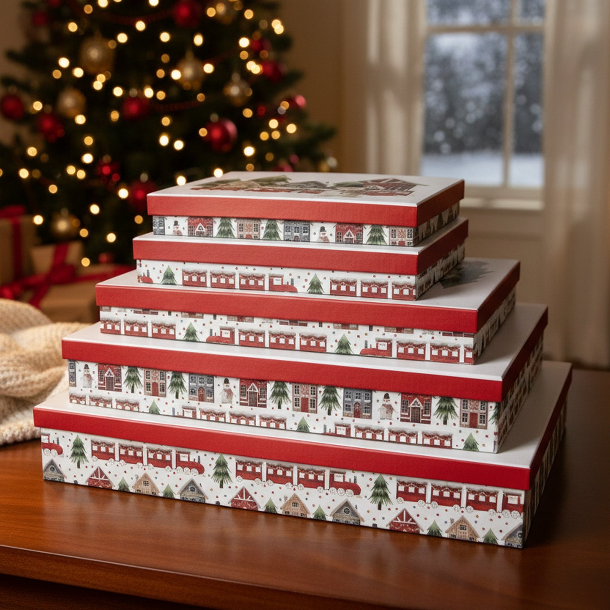 Set of 5 Rectangular Nesting Flat Shirt Boxes Snowman Train, Christmas, Holiday Decor