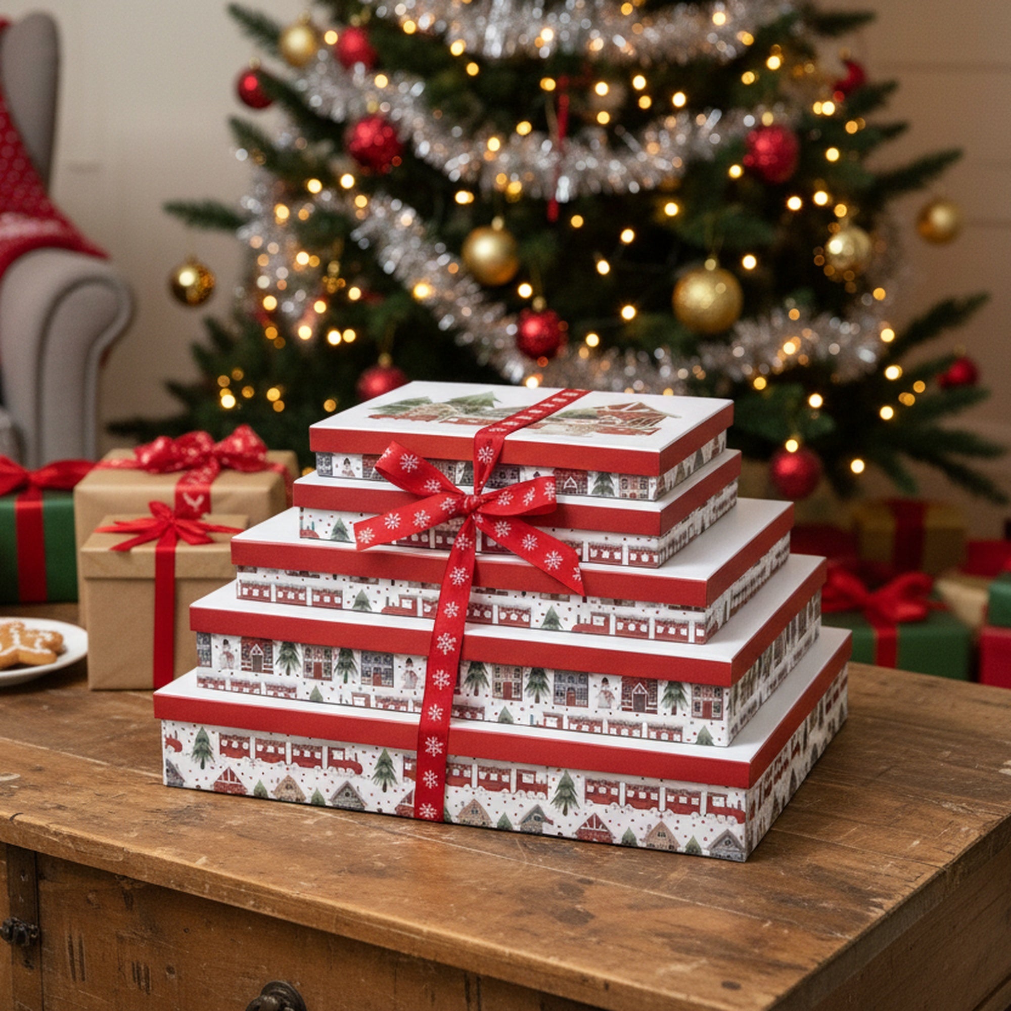Set of 5 Rectangular Nesting Flat Shirt Boxes Snowman Train, Christmas, Holiday Decor