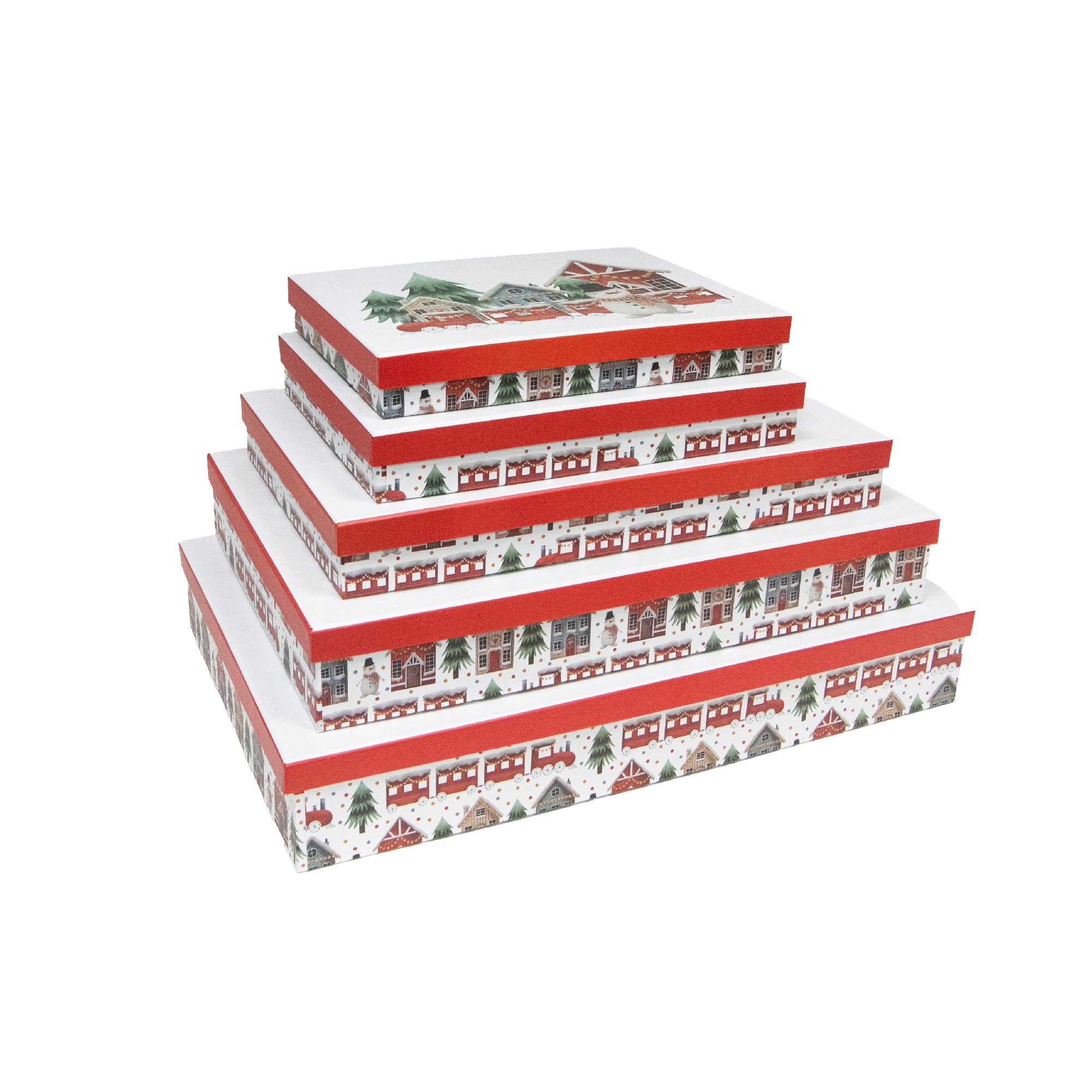 Set of 5 Rectangular Nesting Flat Shirt Boxes Snowman Train, Christmas, Holiday Decor