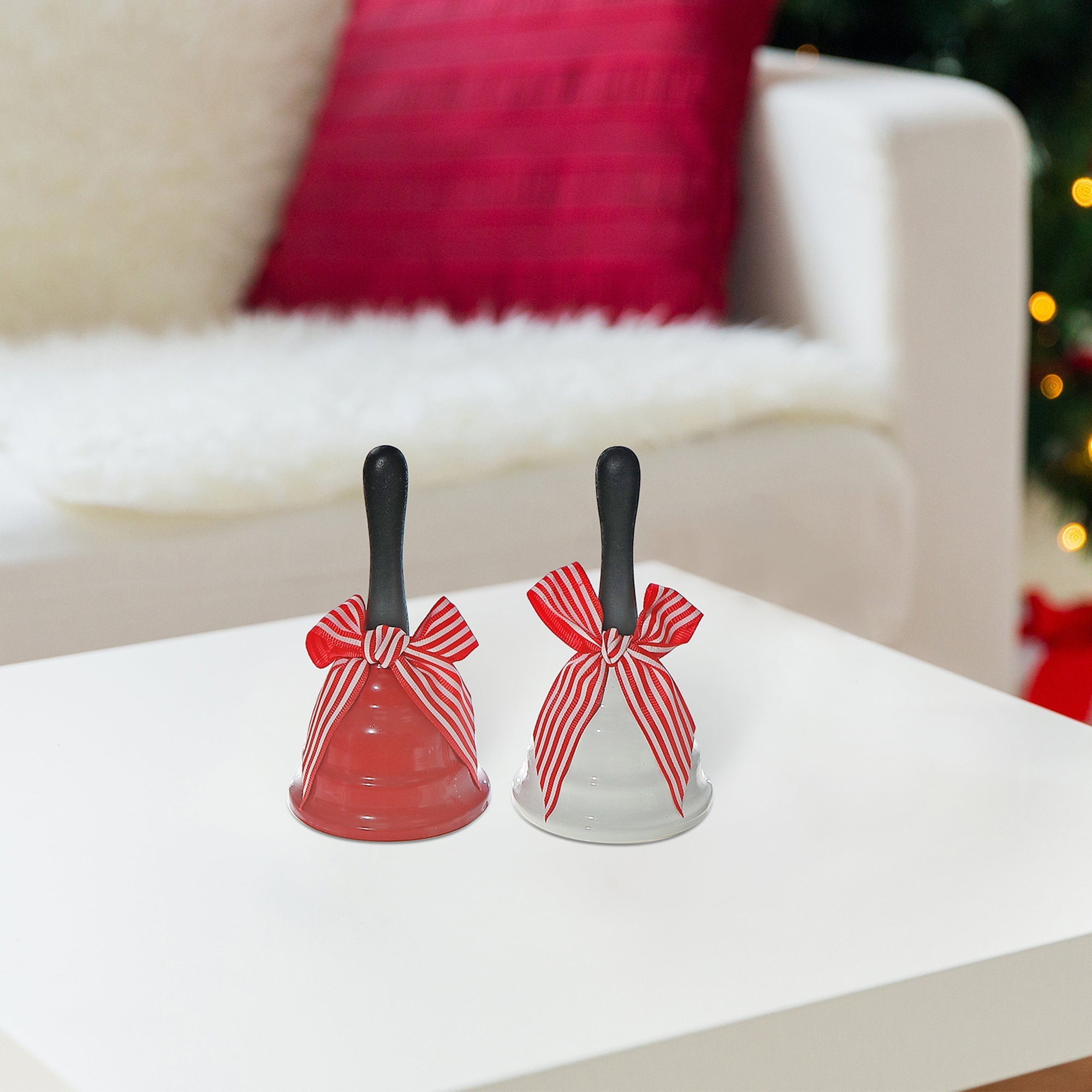 Metal Bell with Wooden Handle Set of 2 with Bow – Christmas Tabletop Decoration, Holiday Accent, Festive Seasonal Decor