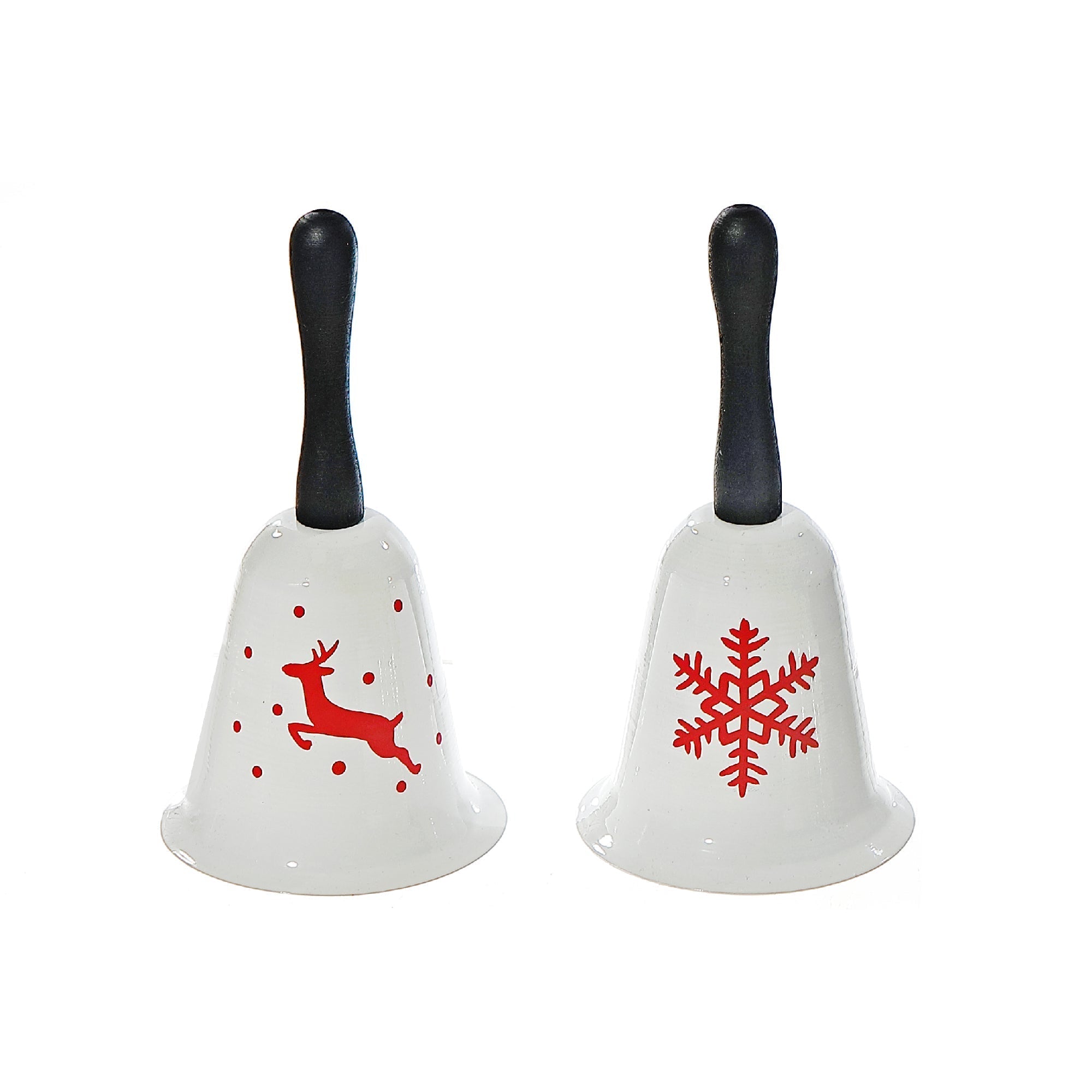 Metal Bell with Wooden Handle Set of 2 with Print – Christmas Tabletop Decoration, Holiday Accent, Festive Indoor Decor