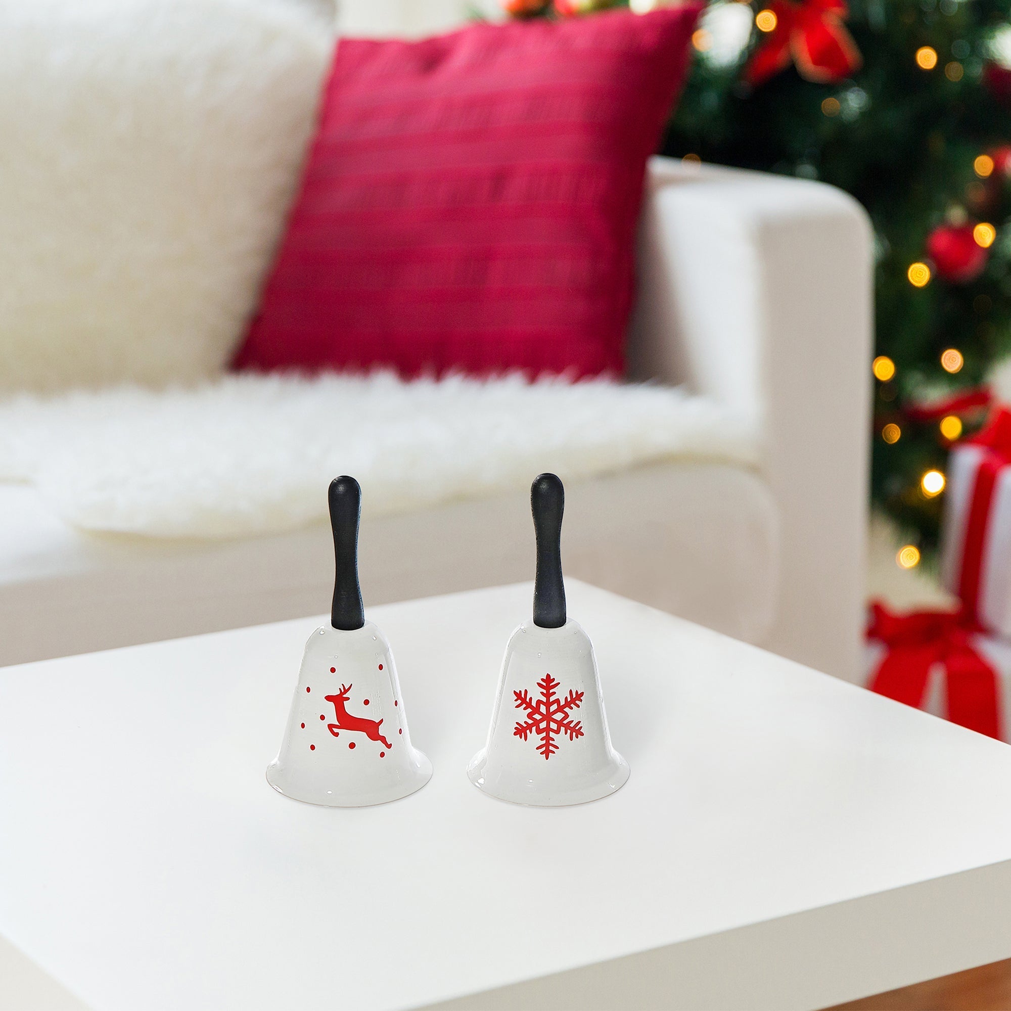 Metal Bell with Wooden Handle Set of 2 with Print – Christmas Tabletop Decoration, Holiday Accent, Festive Indoor Decor