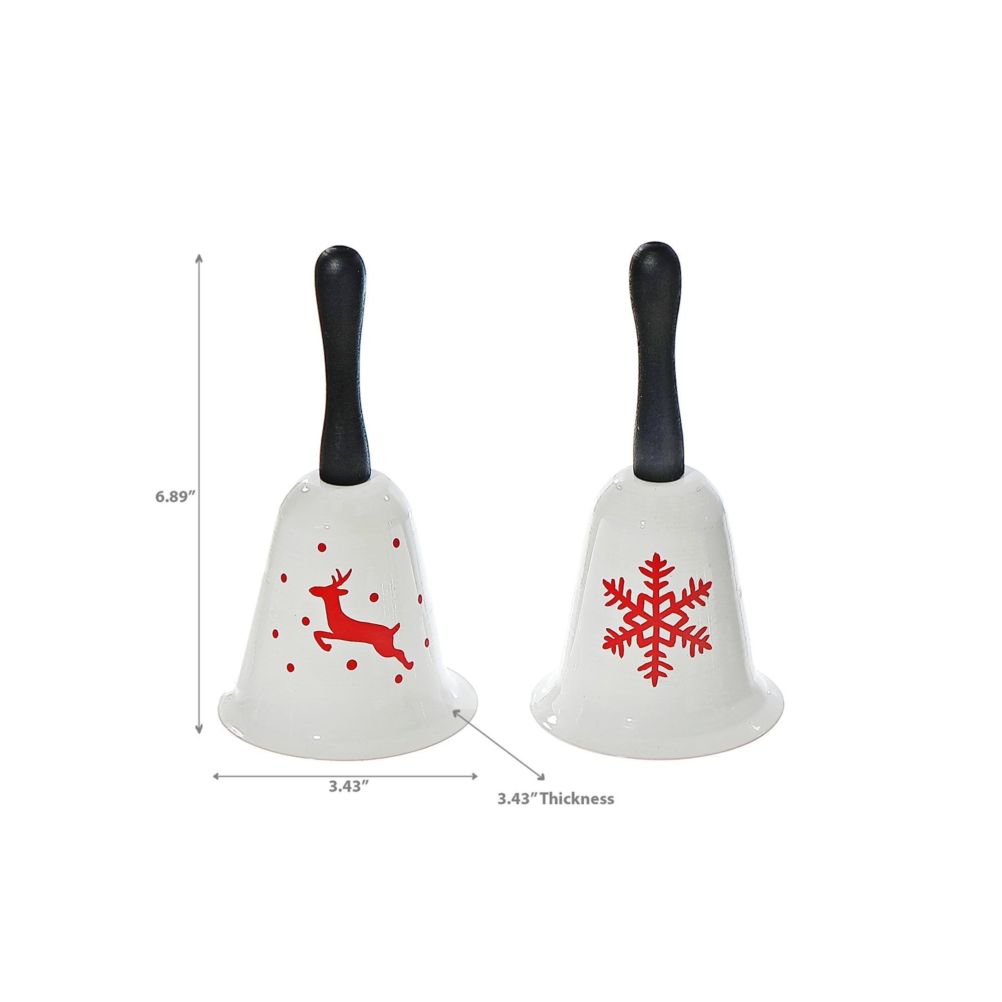 Metal Bell with Wooden Handle Set of 2 with Print – Christmas Tabletop Decoration, Holiday Accent, Festive Indoor Decor