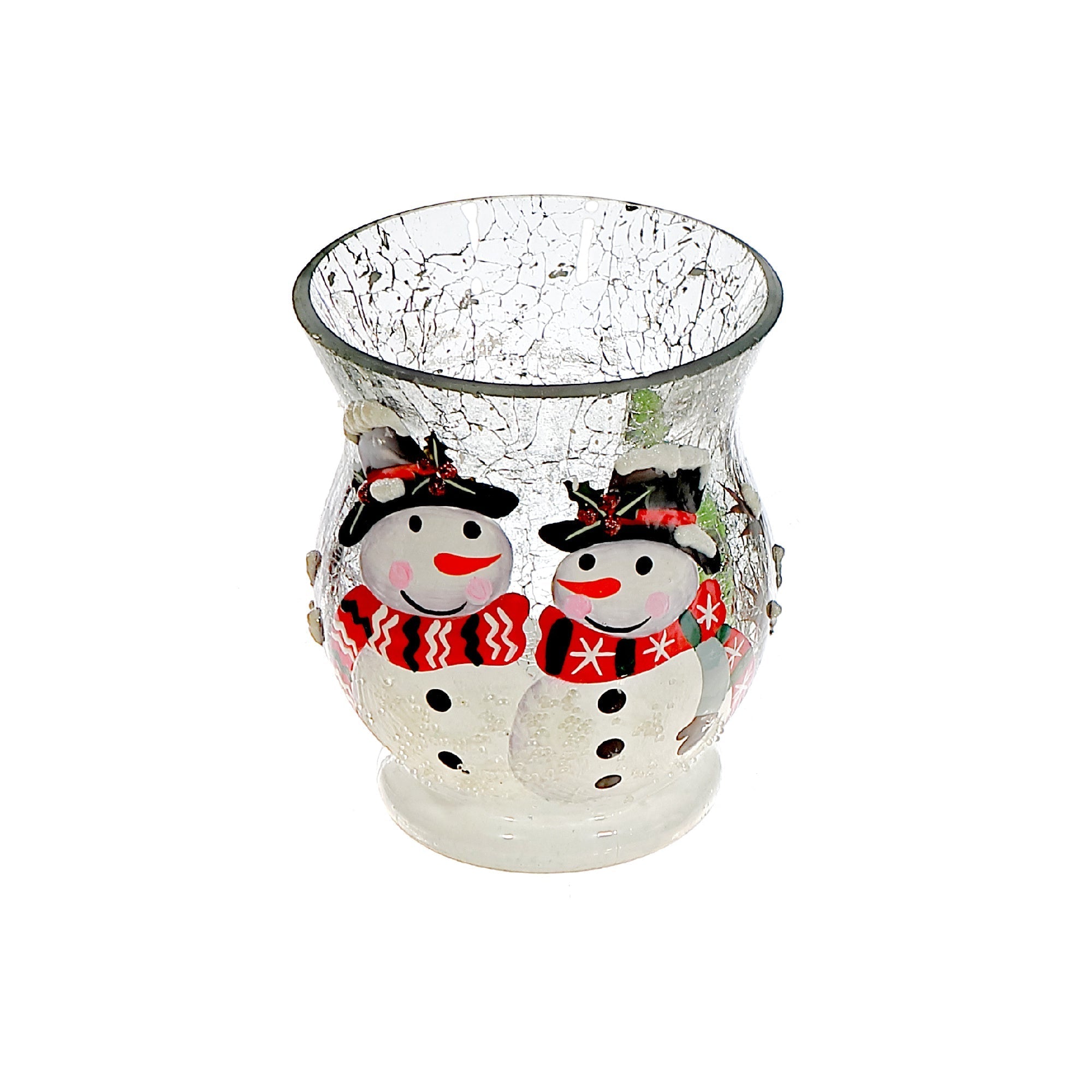 Crackled Glass Candle Holder with Double Snowman Design, Holiday Decor, Christmas Candle Accent