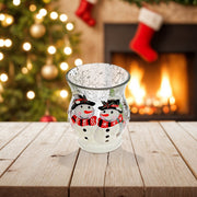 Crackled Glass Candle Holder with Double Snowman Design, Holiday Decor, Christmas Candle Accent