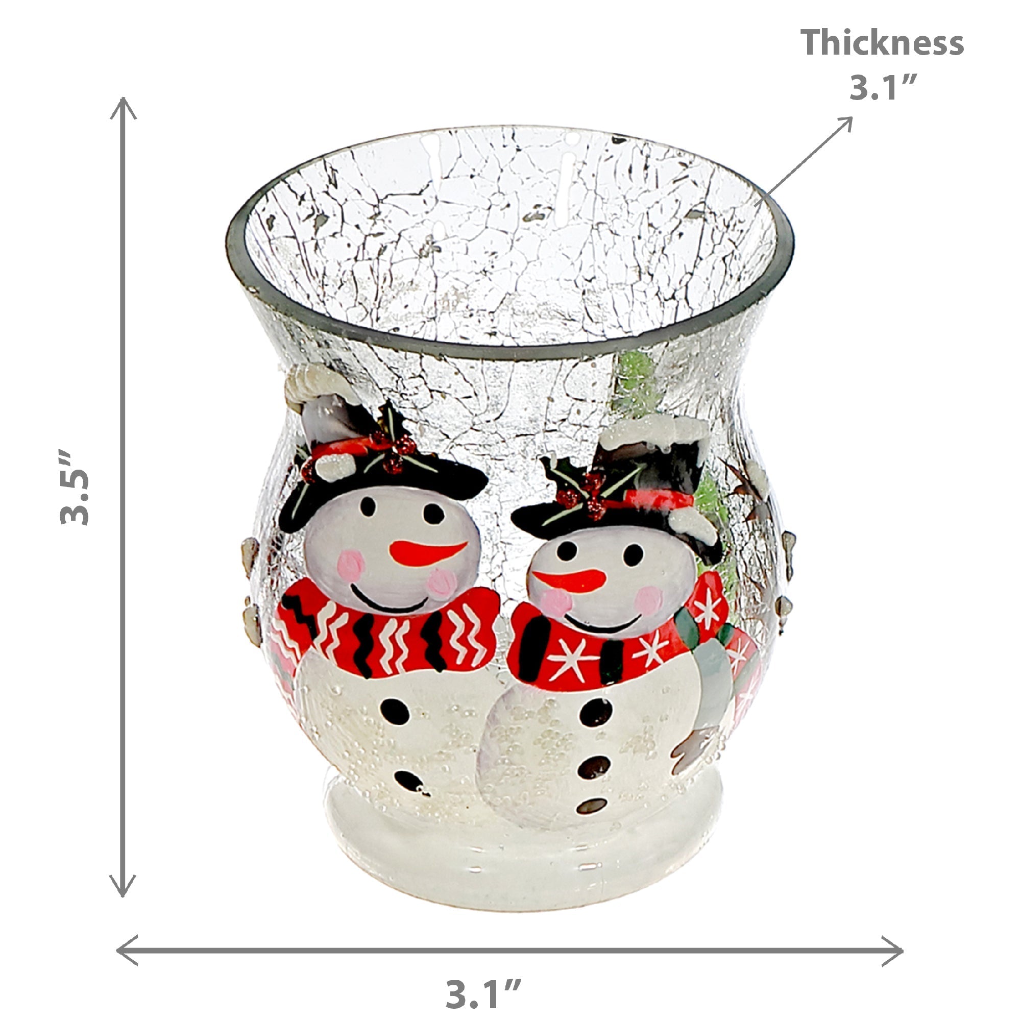 Crackled Glass Candle Holder with Double Snowman Design, Holiday Decor, Christmas Candle Accent