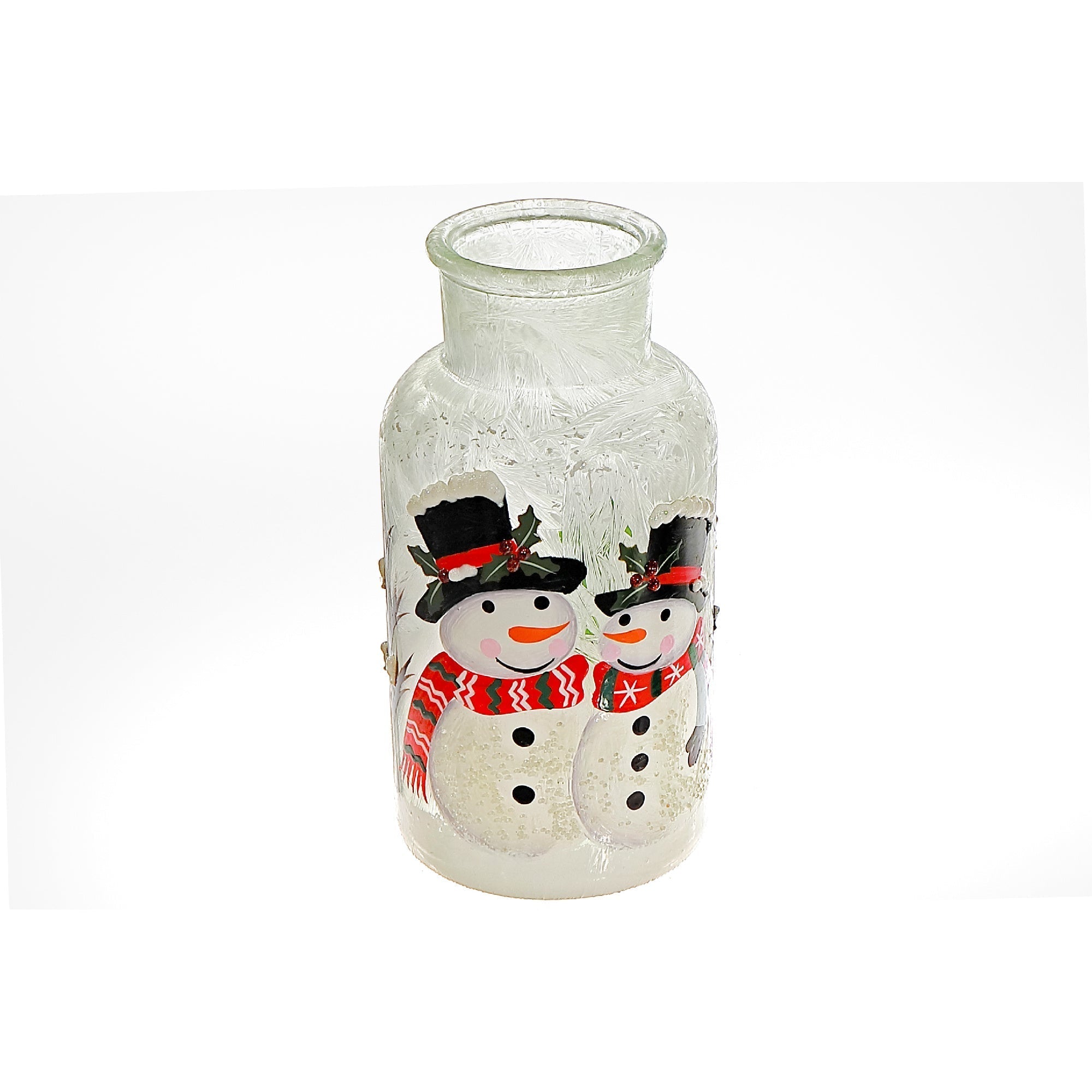 Frosted Glass Mason Jar Double Snowman – Christmas Tabletop Decoration, Holiday Accent, Festive Winter Decor