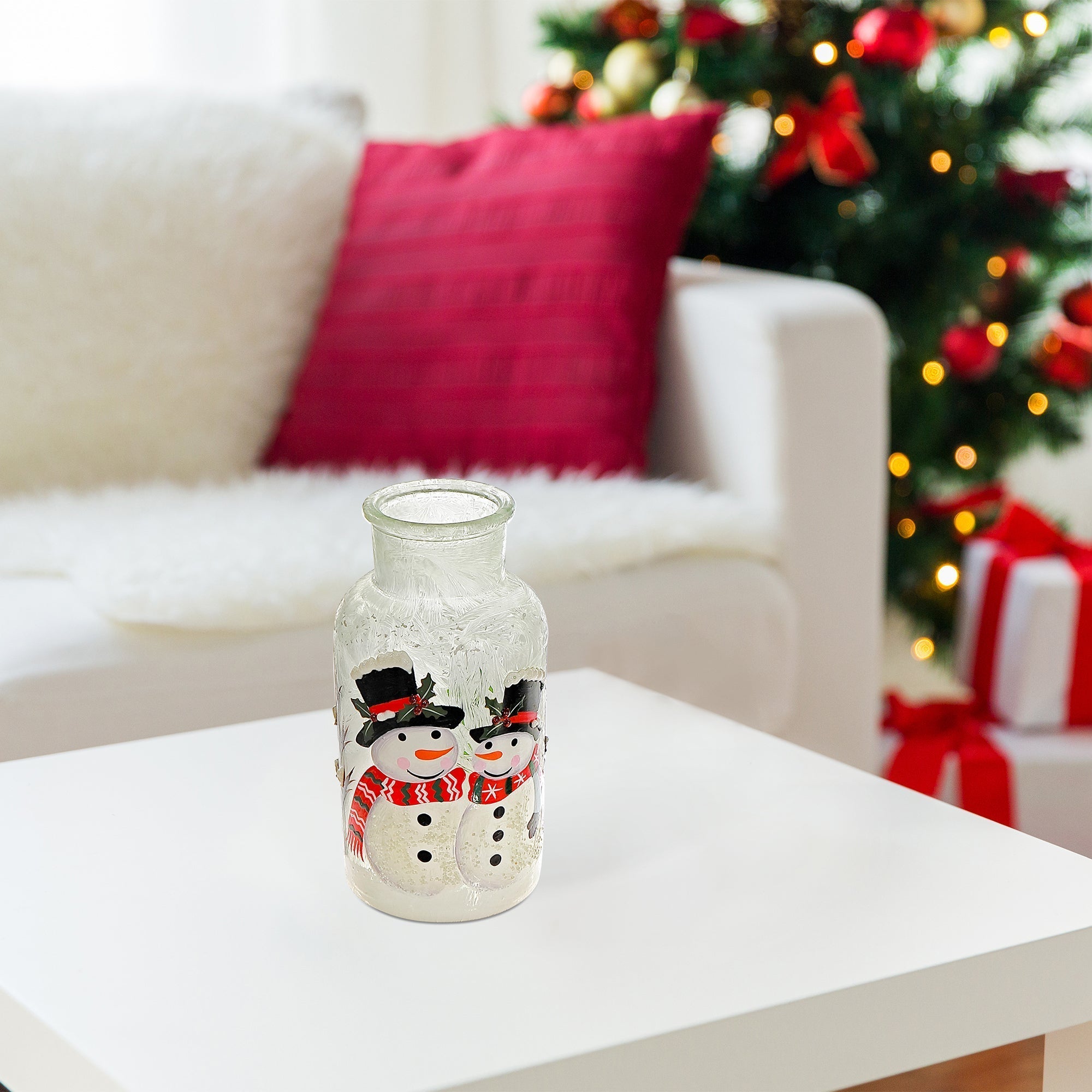 Frosted Glass Mason Jar Double Snowman – Christmas Tabletop Decoration, Holiday Accent, Festive Winter Decor